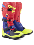 Botas Alpinestars Tech 3, botas de motocross, vermelho brilhante, azul escuro e amarelo néon, com sistema de fivelas triplas de polímero, placas de proteção em TPU contornadas e sola preta de alta aderência, concebidas para performance em motocross e todo-o-terreno