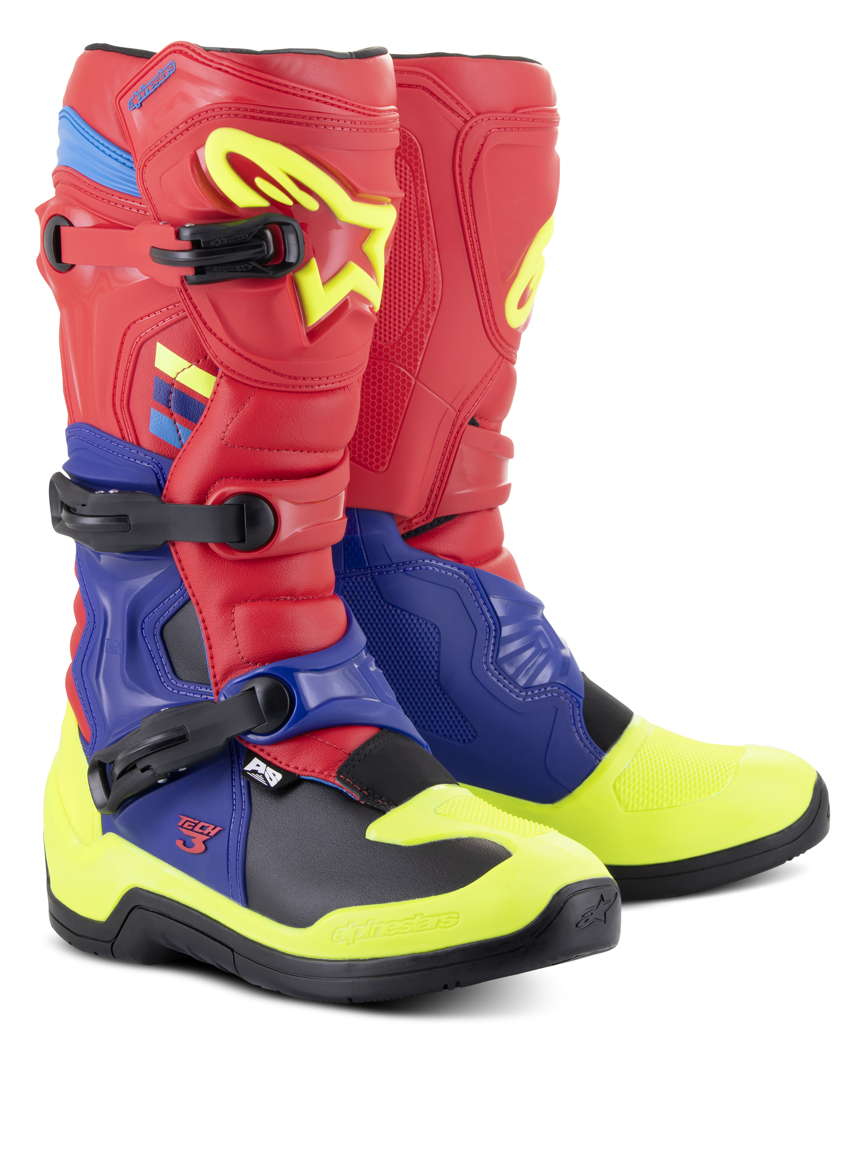 Botas Alpinestars Tech 3, botas de motocross, vermelho brilhante, azul escuro e amarelo néon, com sistema de fivelas triplas de polímero, placas de proteção em TPU contornadas e sola preta de alta aderência, concebidas para performance em motocross e todo-o-terreno