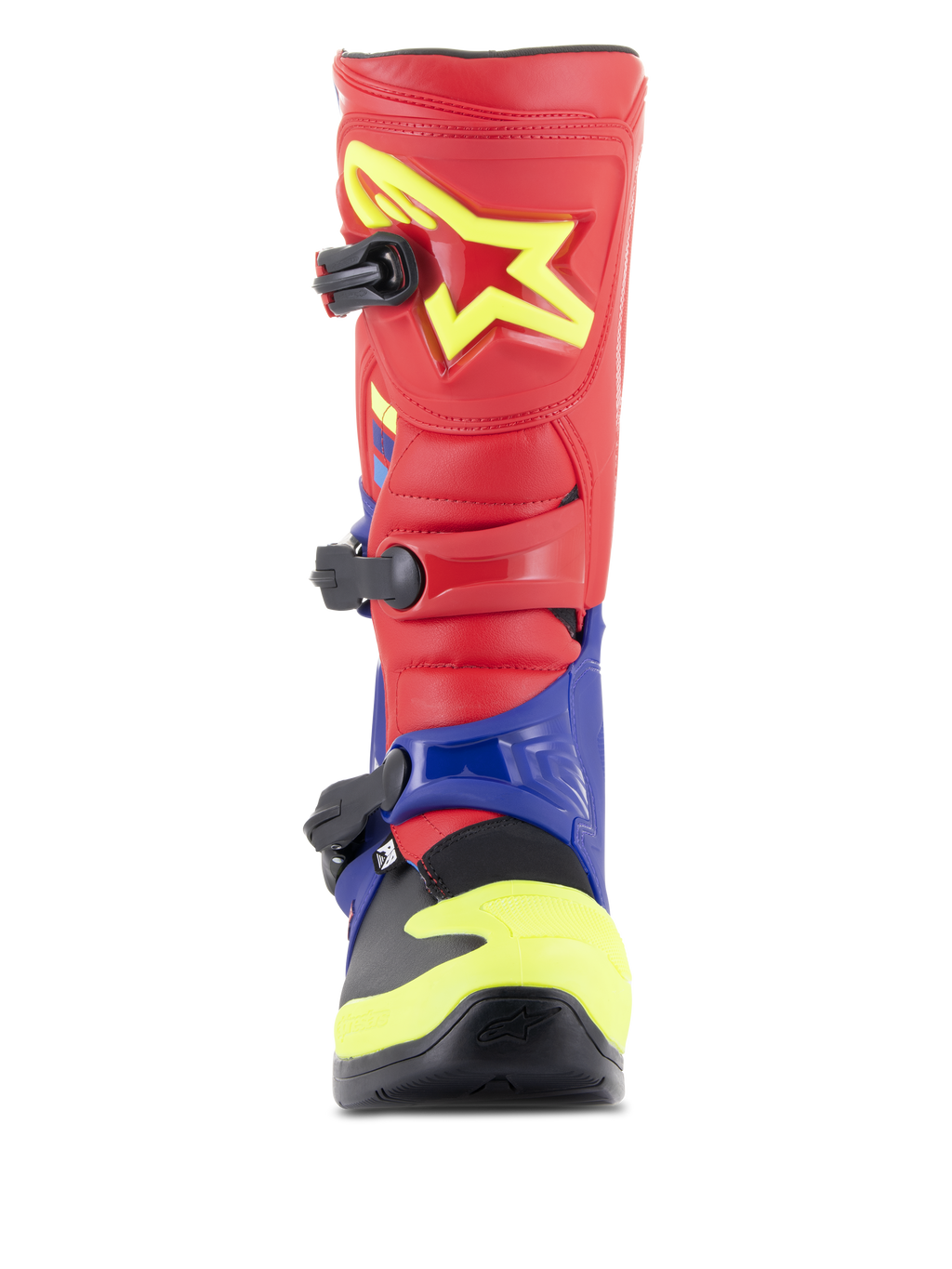 Botas Alpinestars Tech 3, botas de motocross, vermelho vivo, azul escuro e amarelo fluo, vista frontal mostrando o sistema de fecho de tripla fivela, placa de canela em TPU com logótipo de estrela amarelo e estrutura protetora do pé em composto duplo