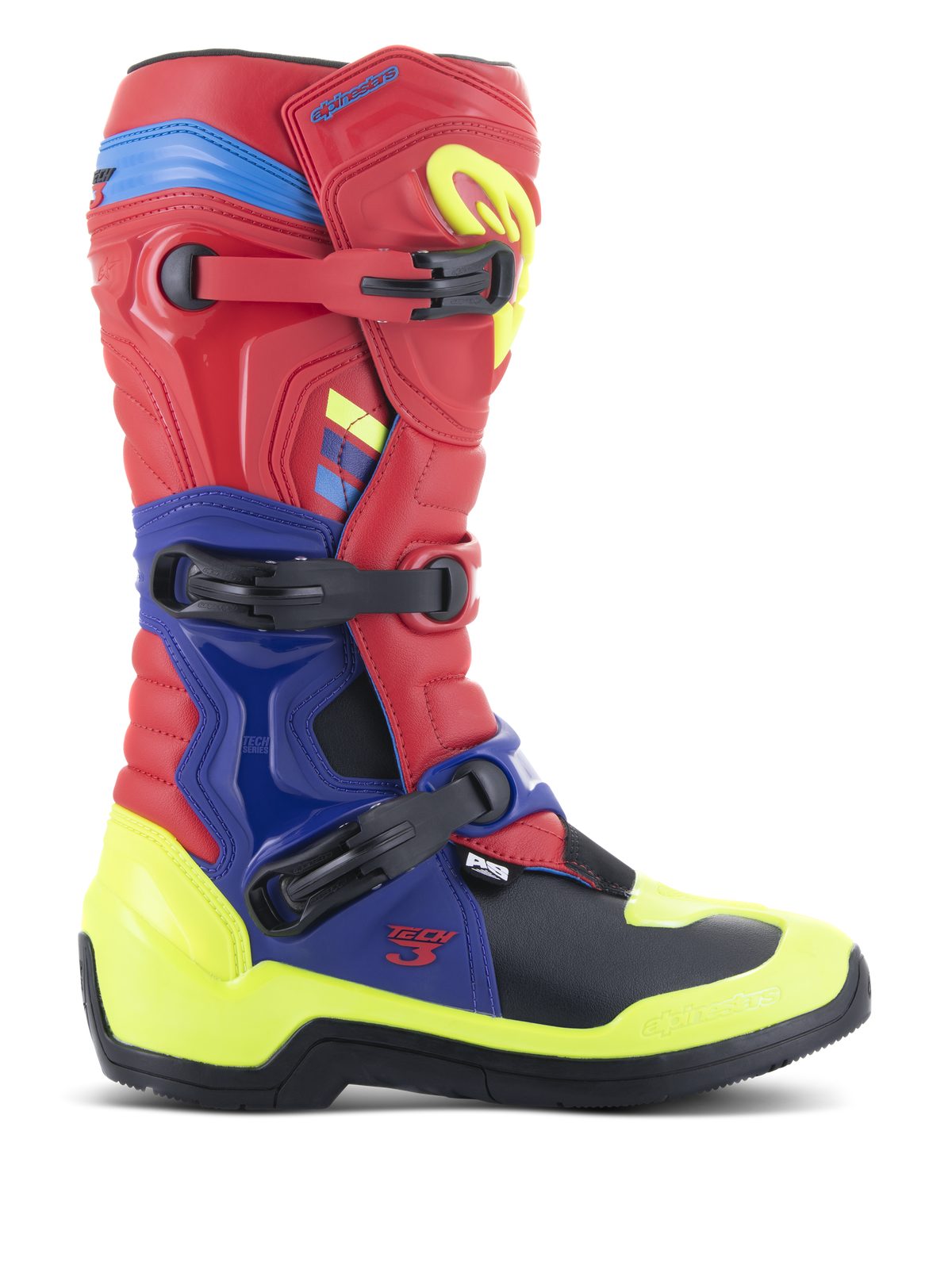 Botas Alpinestars Tech 3, botas de motocross, vermelho brilhante, azul escuro e amarelo fluo, com sistema de fecho de fivela tripla, placas de proteção em TPU e pormenores vibrantes em néon, construção durável em microfibra para condução todo-o-terreno