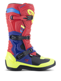 Botas Alpinestars Tech 3, botas de motocross, vermelho brilhante, azul escuro e amarelo fluo, com sistema de fecho de fivela tripla, placas de proteção em TPU e pormenores vibrantes em néon, construção durável em microfibra para condução todo-o-terreno