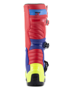Botas Alpinestars Tech 3, botas de motocross, vermelho vivo, azul escuro e amarelo fluo, vista traseira com contraforte do calcanhar em amarelo néon, parte superior vermelha e painéis de suporte azuis, construção robusta para corridas off-road