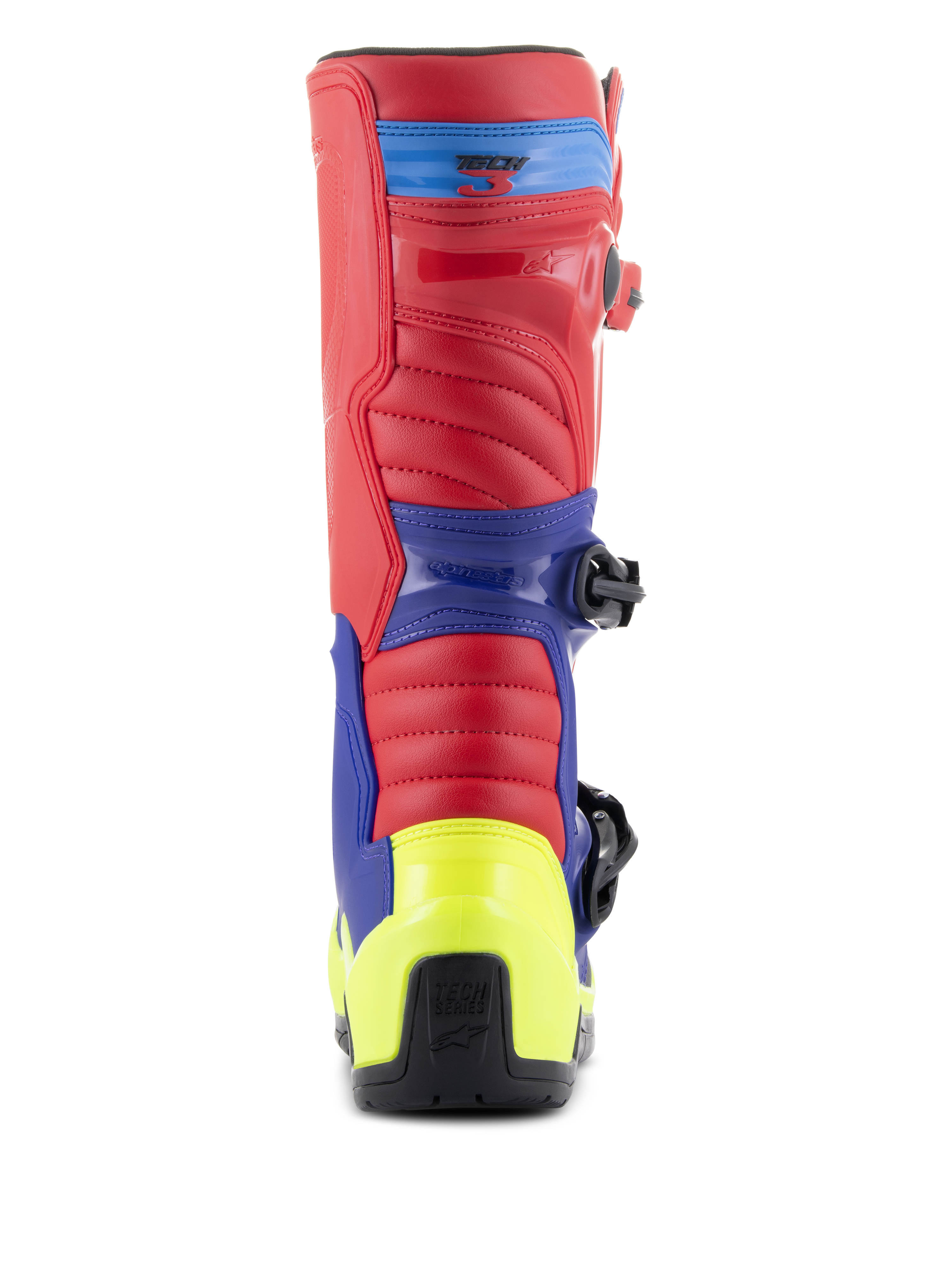 Botas Alpinestars Tech 3, botas de motocross, vermelho vivo, azul escuro e amarelo fluo, vista traseira com contraforte do calcanhar em amarelo néon, parte superior vermelha e painéis de suporte azuis, construção robusta para corridas off-road