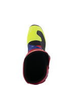Botas Alpinestars Tech 3, botas de motocross, vermelho vivo, azul escuro e amarelo néon, vista superior da abertura da bota, com biqueira amarelo néon e gola vermelha, calçado de proteção durável para todo-o-terreno