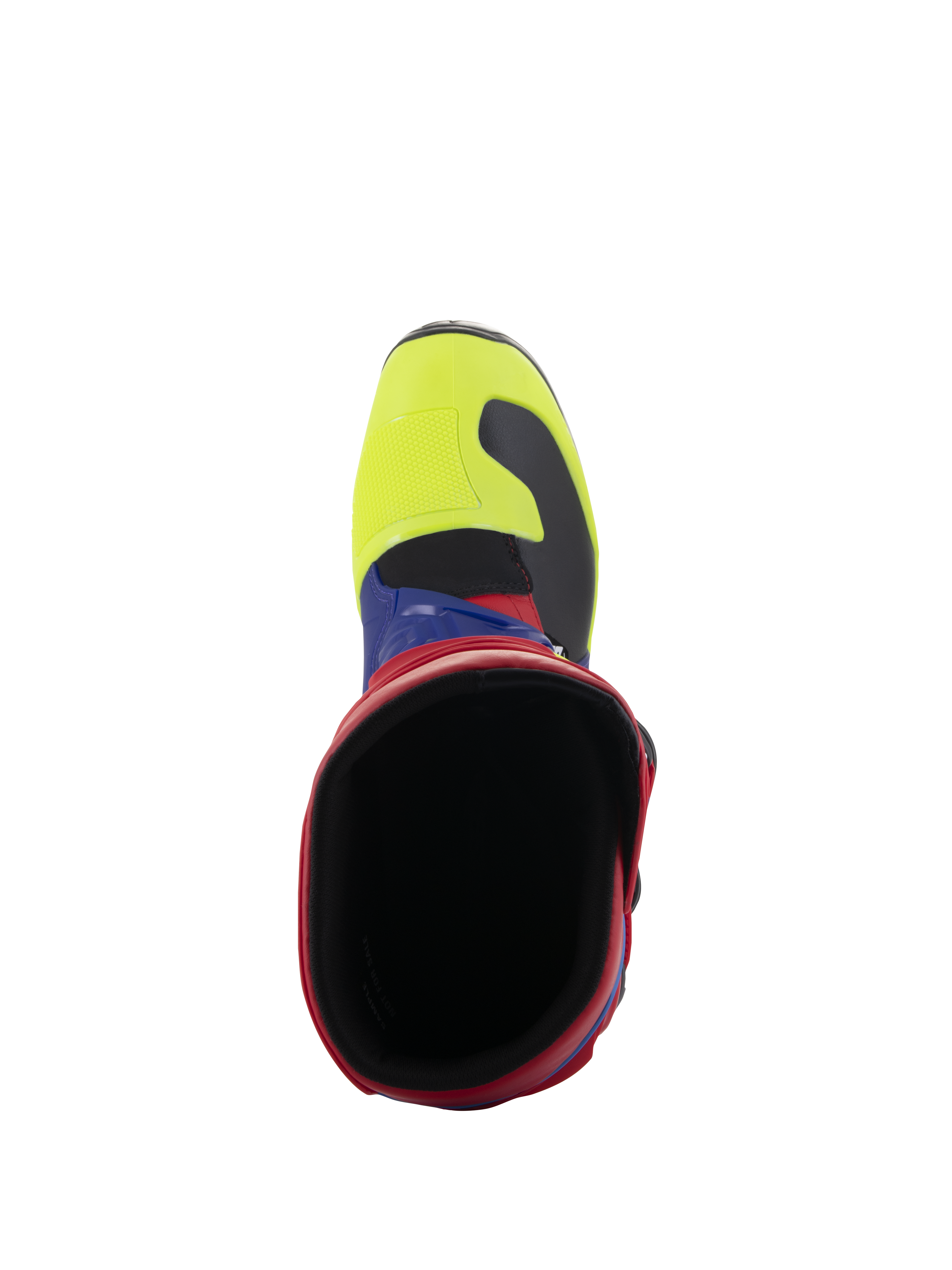 Botas Alpinestars Tech 3, botas de motocross, vermelho vivo, azul escuro e amarelo néon, vista superior da abertura da bota, com biqueira amarelo néon e gola vermelha, calçado de proteção durável para todo-o-terreno
