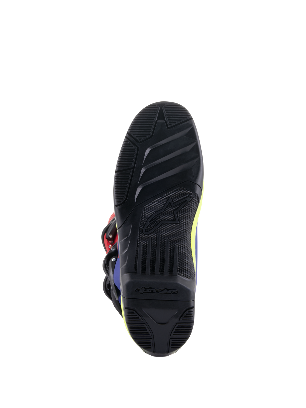 Botas Alpinestars Tech 3, botas de motocross, vermelho vivo, azul escuro e amarelo néon, vista detalhada da sola de borracha preta de alta aderência com padrões de rasto texturizados e logótipo Alpinestars em relevo para maior controlo nos poisa-pés.