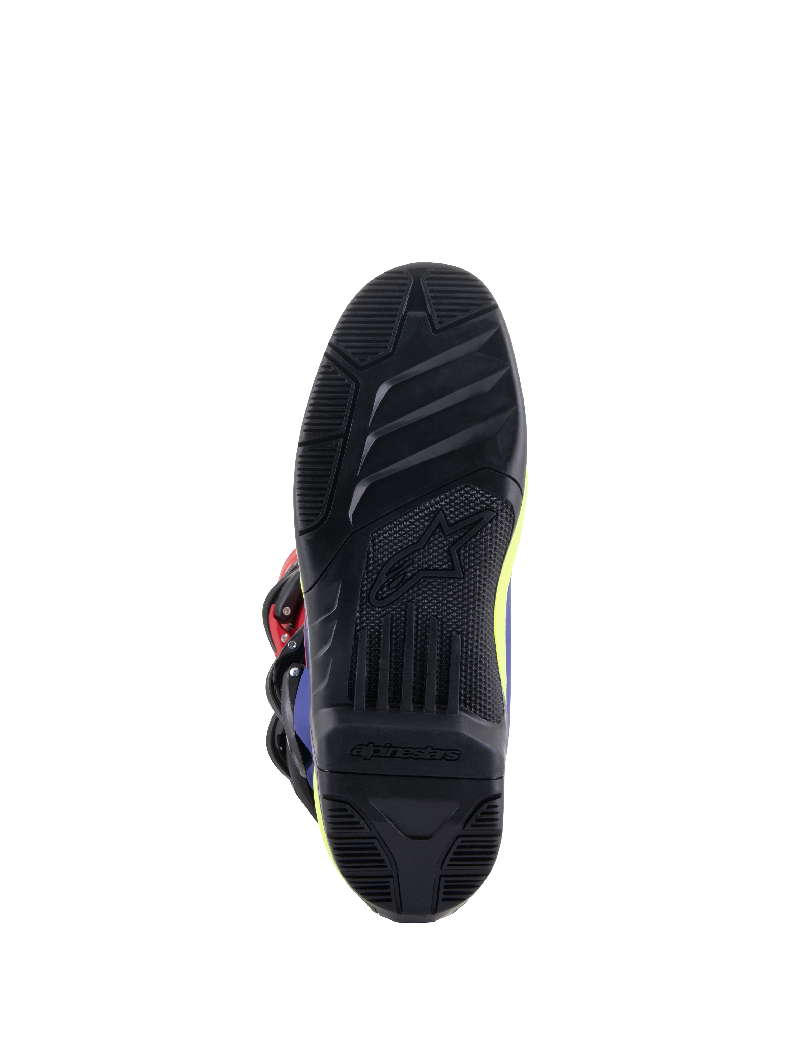 Botas Alpinestars Tech 3, botas de motocross, vermelho vivo, azul escuro e amarelo néon, vista detalhada da sola de borracha preta de alta aderência com padrões de rasto texturizados e logótipo Alpinestars em relevo para maior controlo nos poisa-pés.