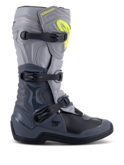 Alpinestars Tech 3 Boots, Motocross Boots, Dark Gray Light Gray and Black, side view featuring three black polymer buckles, TPU protection panels, and a bright yellow Alpinestars logo on the upper shin area