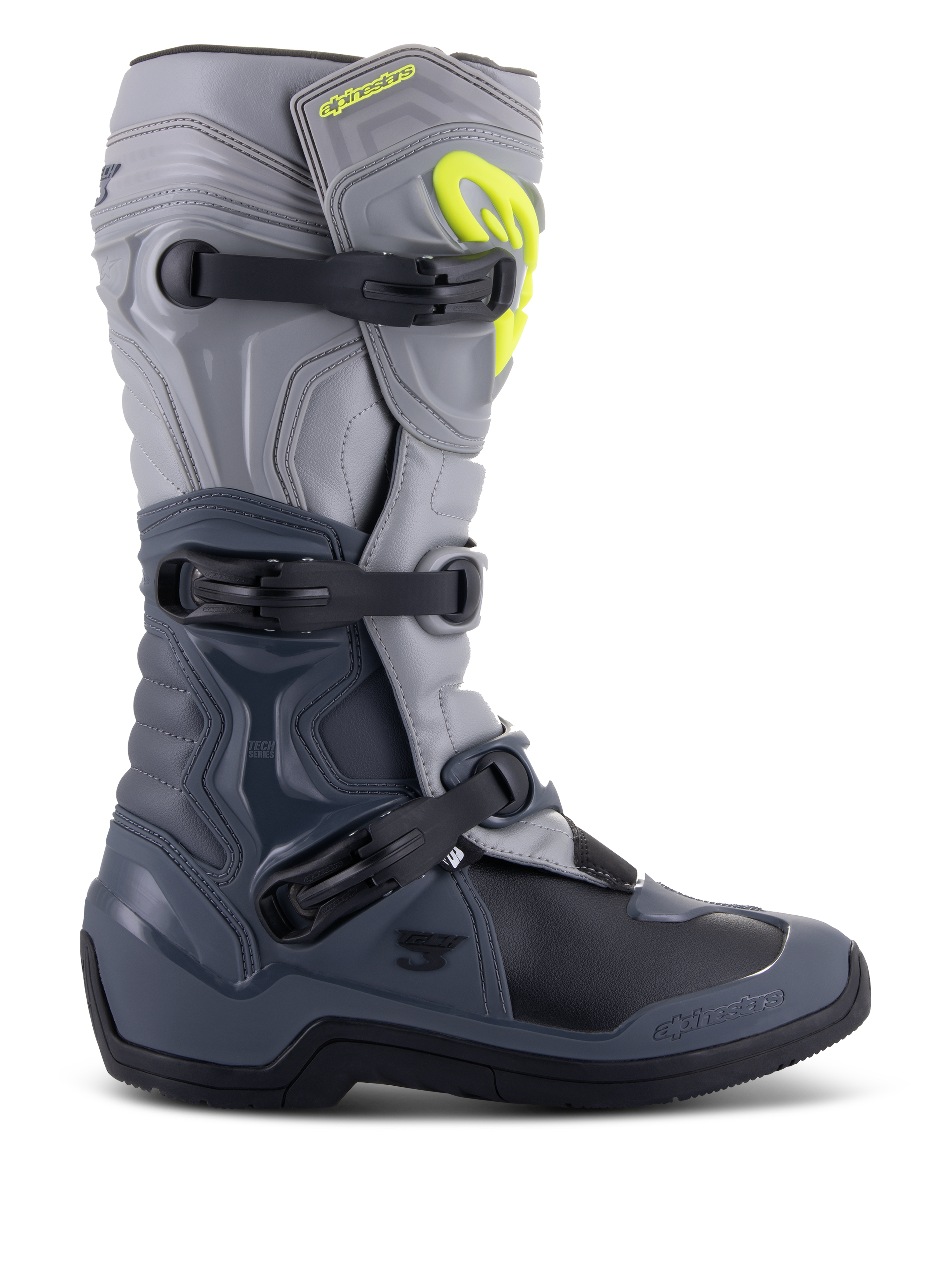 Alpinestars Tech 3 Boots, Motocross Boots, Dark Gray Light Gray and Black, side view featuring three black polymer buckles, TPU protection panels, and a bright yellow Alpinestars logo on the upper shin area