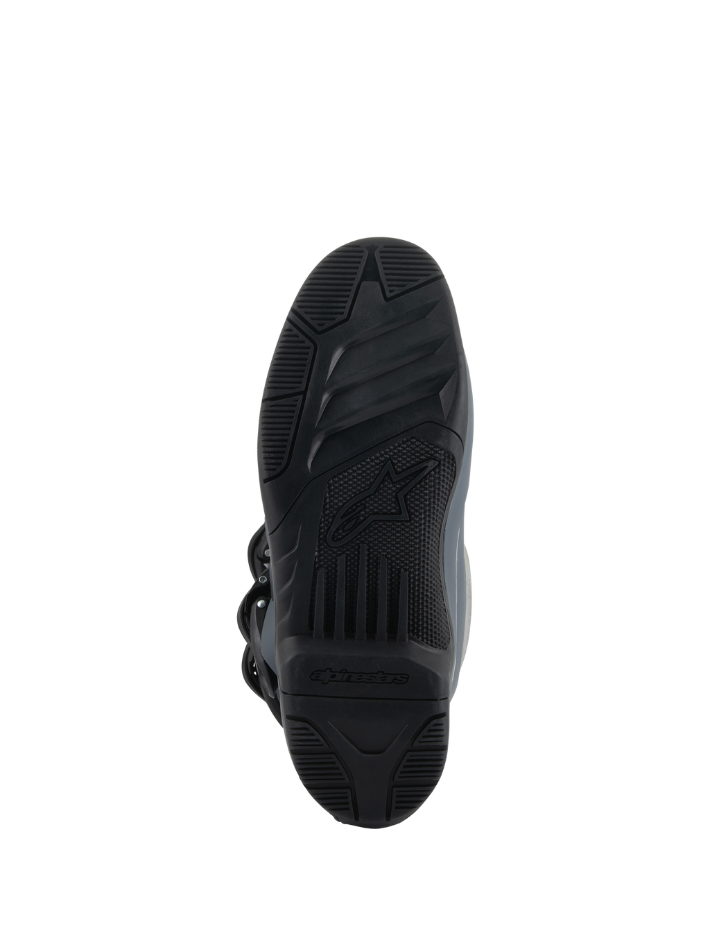 Alpinestars Tech 3 Boots, Dark Gray Light Gray Black, bottom view showing the high-grip rubber compound outsole, textured black tread with central Alpinestars logo, engineered for footpeg control and traction in off-road conditions