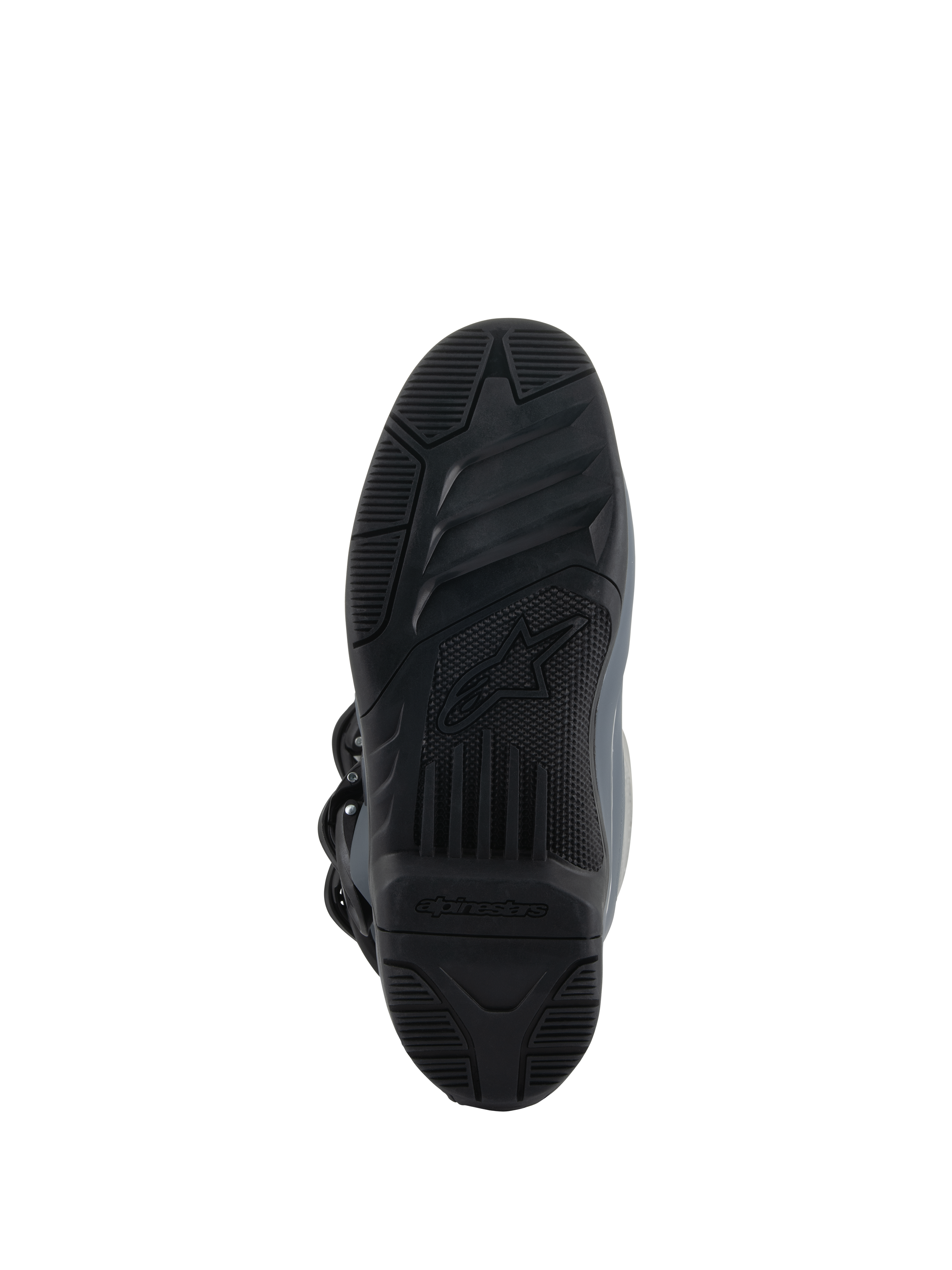 Alpinestars Tech 3 Boots, Dark Gray Light Gray Black, bottom view showing the high-grip rubber compound outsole, textured black tread with central Alpinestars logo, engineered for footpeg control and traction in off-road conditions