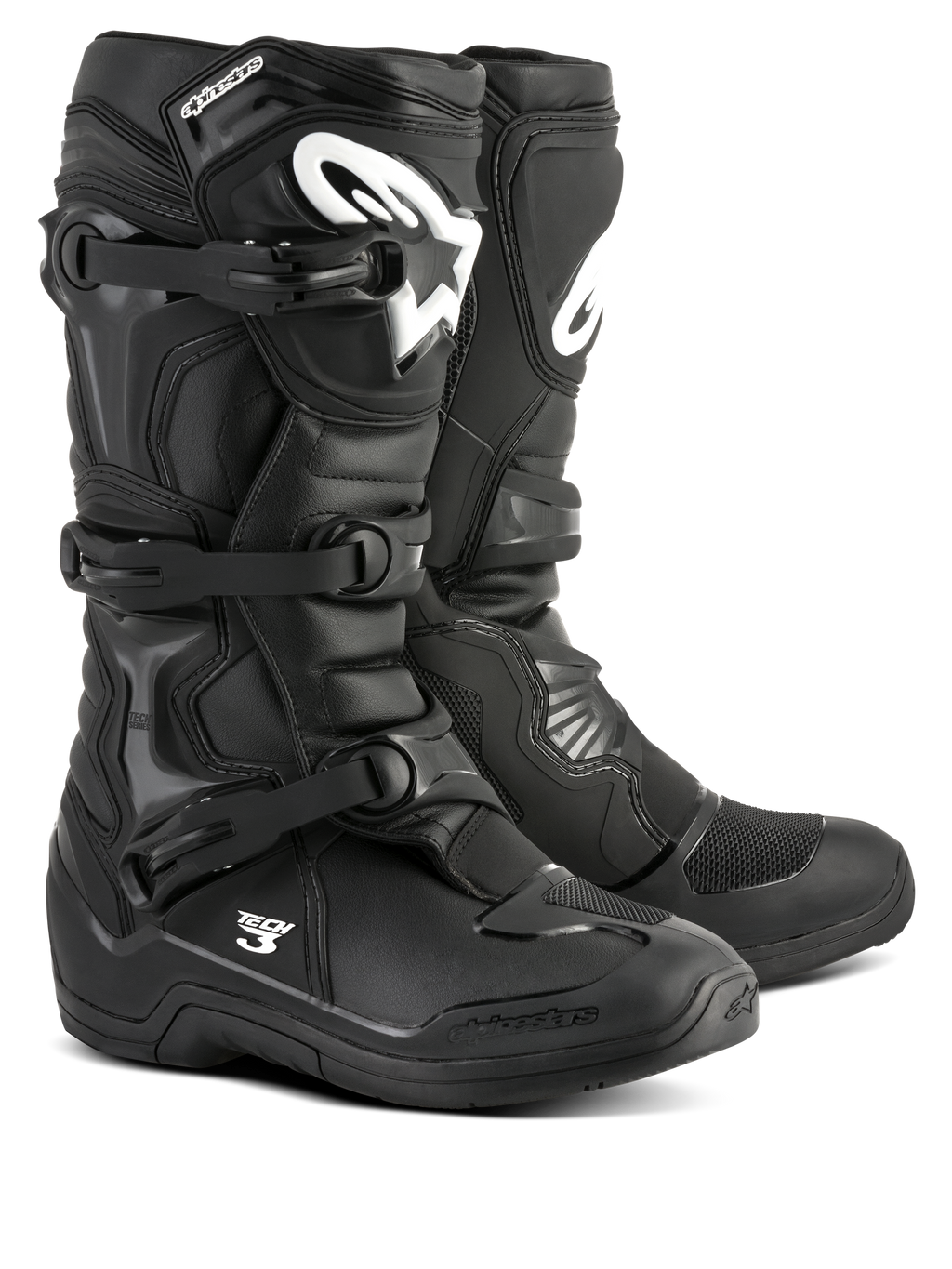 Botas Alpinestars Tech 3, botas de motocross pretas, calçado de performance para todo-o-terreno, sistema de fecho com fivela tripla, placa de canela reforçada em TPU com logótipo branco, sola de alta aderência durável, construção em microfibra leve