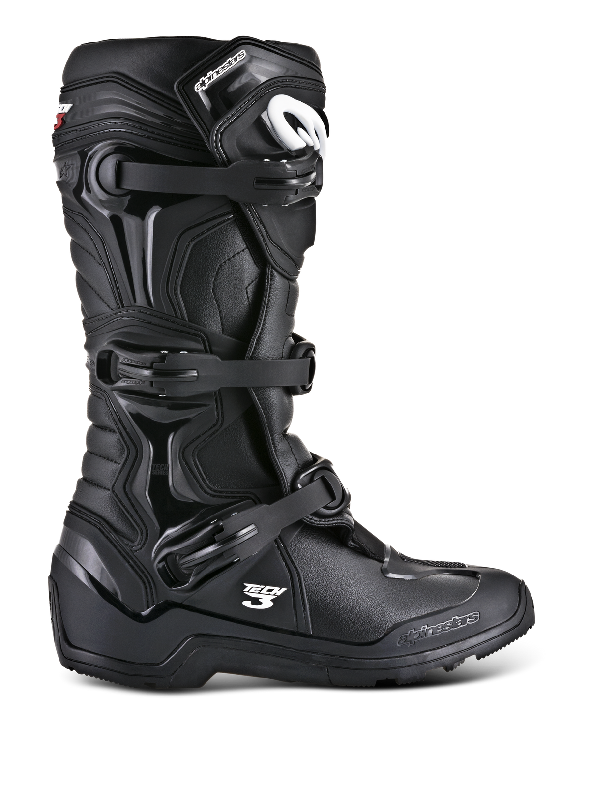 Botas Alpinestars Tech 3 Enduro, botas de motociclismo todo-o-terreno pretas, perfil lateral com sistema de fecho de três fivelas, painéis de proteção em TPU reforçado, sola de alta tração com relevos e logótipo Alpinestars em branco.