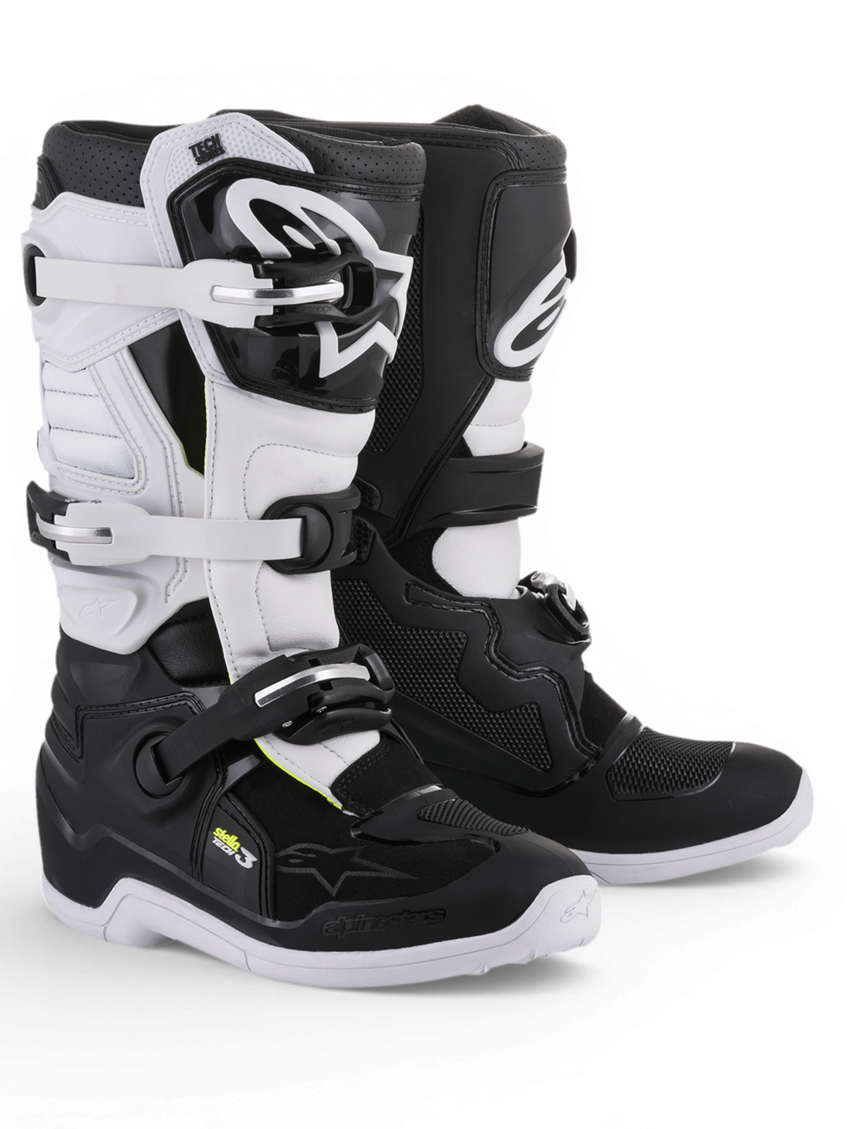 Alpinestars Stella Tech 3, botas de motocross para mulher, pretas e brancas, com painéis de proteção em TPU e fivelas ajustáveis