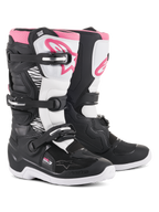 Alpinestars Stella Tech 3 Boots, Women's Motocross Boots, Black White and Pink, featuring a white shin plate with pink Alpinestars logo, black chassis with white flex zones, and a three-buckle closure system.