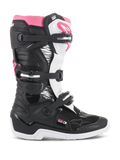 Alpinestars Women Stella Tech 3 Boots, Motocross Boots, Black White and Pink, side profile view showing the three-buckle closure system, zebra-print graphic panels, TPU shin protection, and white rubber outsole for off-road riding