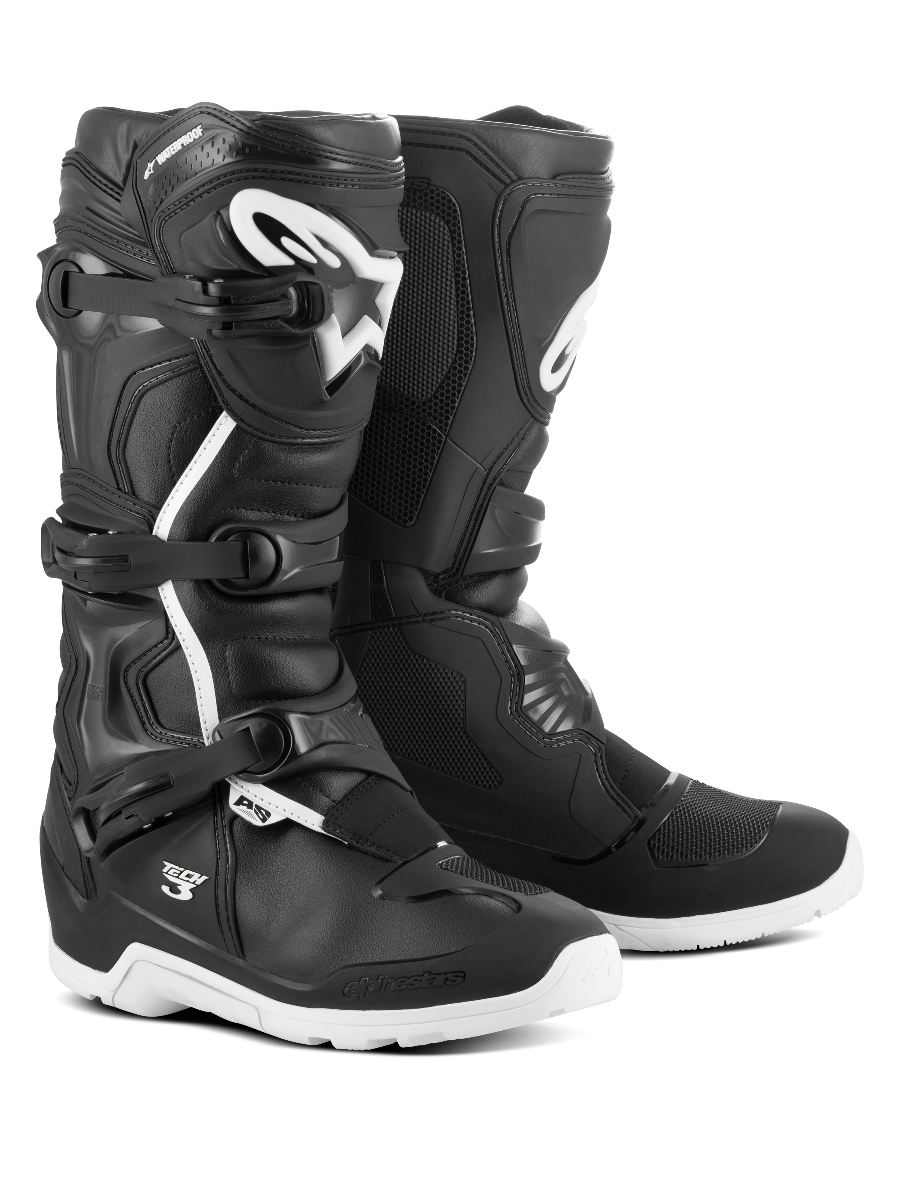 Botas Alpinestars Tech 3 Enduro Waterproof, botas de motocross e todo-o-terreno, pretas e brancas, com sistema de fecho de três fivelas, logótipo TPU branco na canela, proteção reforçada no tornozelo e calcanhar, e solas brancas duráveis.