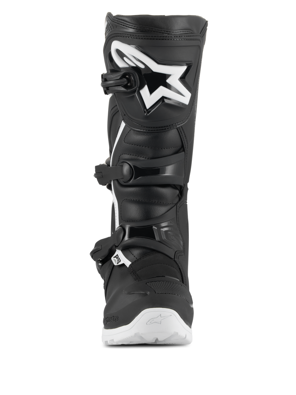 Botas Alpinestars Tech 3 Enduro Waterproof, botas de motocross e enduro, pretas e brancas, vista frontal com um grande logótipo de estrela branco na placa da tíbia em TPU, sistema de fecho de tripla fivela e sola branca rugosa para tração todo-o-terreno