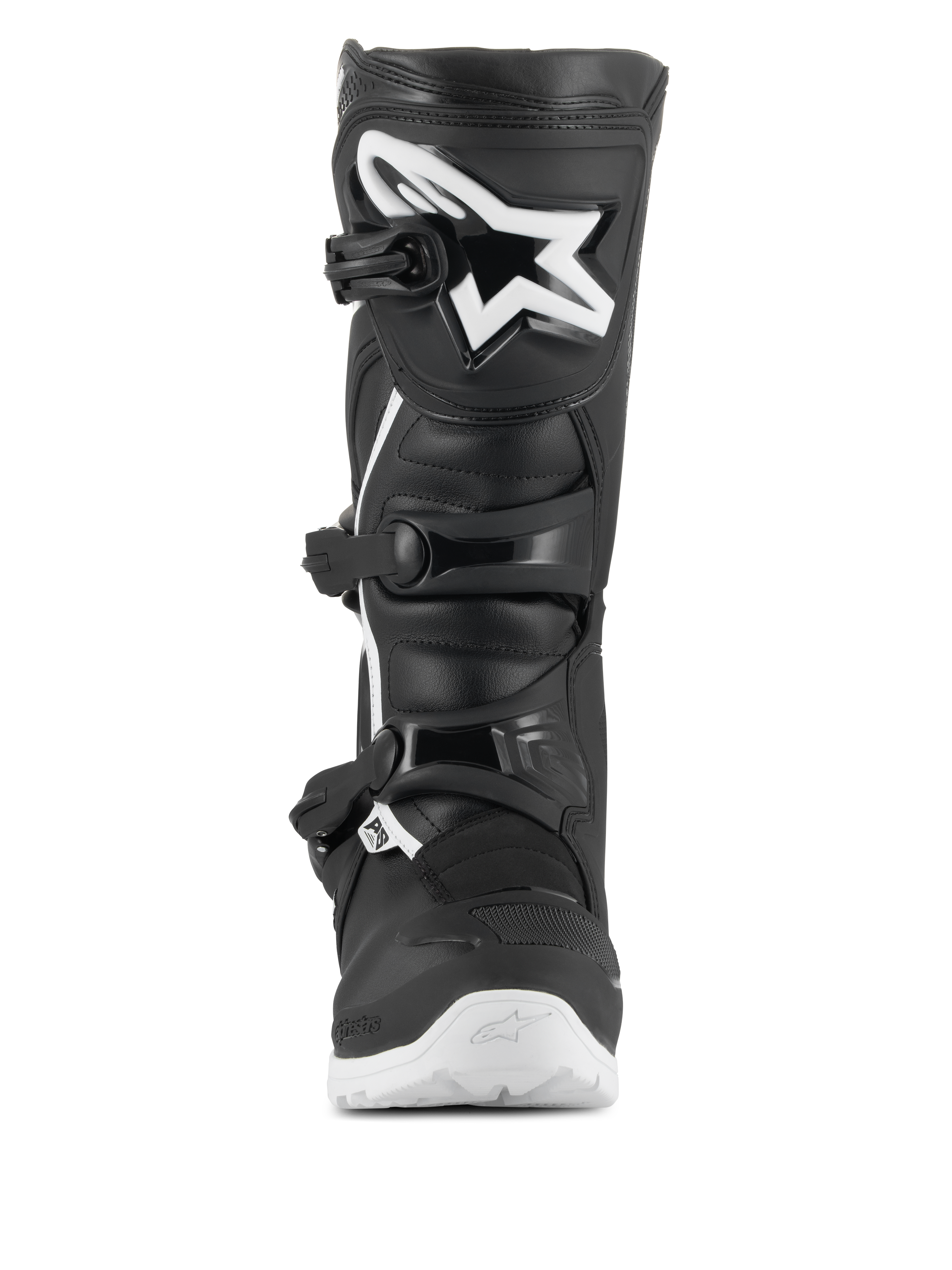 Botas Alpinestars Tech 3 Enduro Waterproof, botas de motocross e enduro, pretas e brancas, vista frontal com um grande logótipo de estrela branco na placa da tíbia em TPU, sistema de fecho de tripla fivela e sola branca rugosa para tração todo-o-terreno