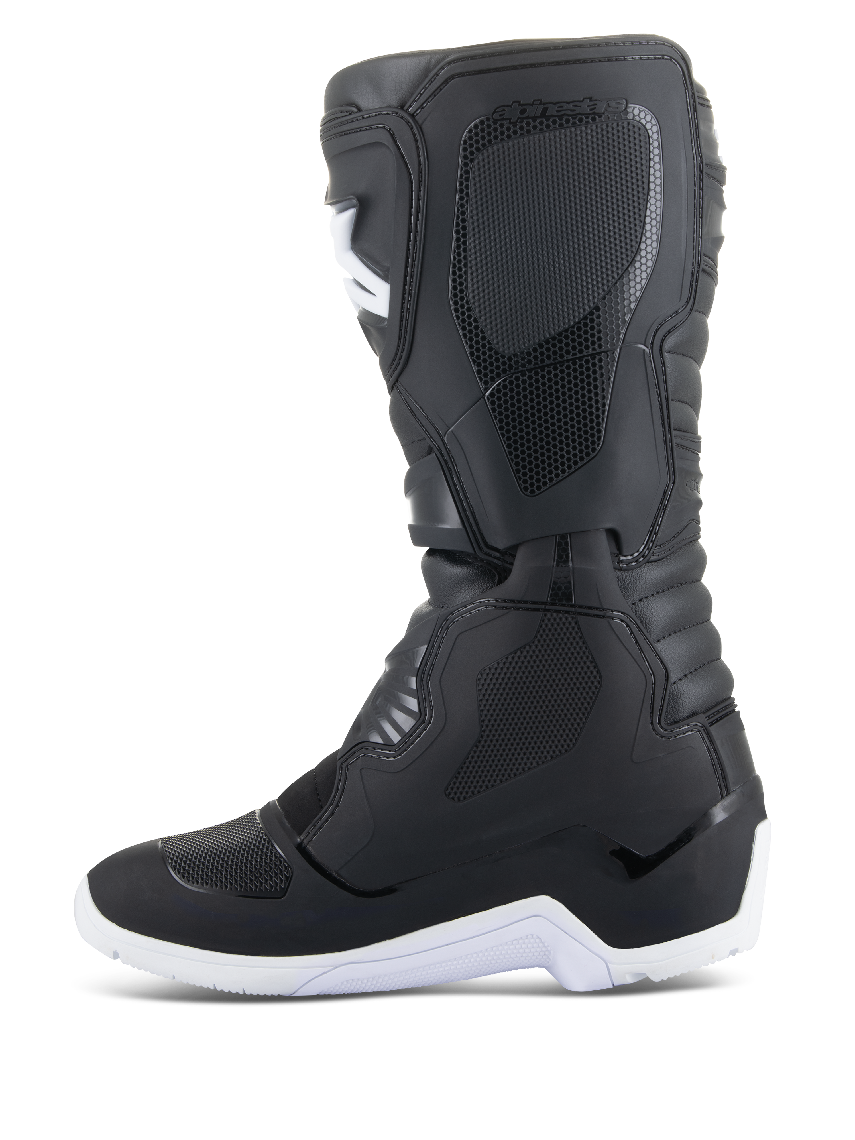 Botas Alpinestars Tech 3 Enduro Waterproof, botas de motocross e enduro, pretas e brancas, vista de perfil lateral com painéis protetores texturizados, sola rugosa branca e parte superior sintética impermeável para condução todo-o-terreno