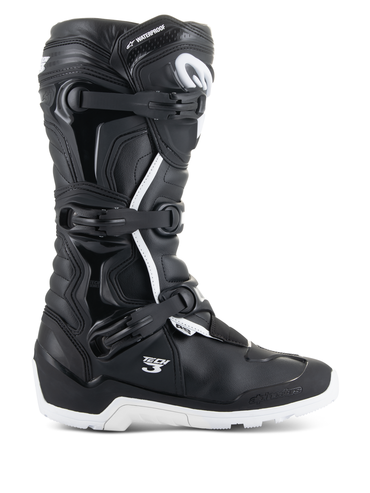 Alpinestars Tech 3 Enduro Waterproof Boots, vista de perfil, pretas e brancas, sistema de fecho de tripla fivela, painéis de proteção em TPU reforçados, sola branca rugosa, logótipos "Tech 3" e "Waterproof", calçado de motociclismo durável para todo-o-terreno e aventura