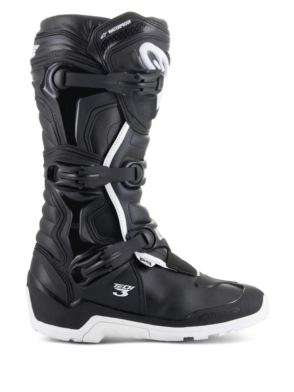Alpinestars Tech 3 Enduro Waterproof Boots, vista de perfil, pretas e brancas, sistema de fecho de tripla fivela, painéis de proteção em TPU reforçados, sola branca rugosa, logótipos "Tech 3" e "Waterproof", calçado de motociclismo durável para todo-o-terreno e aventura
