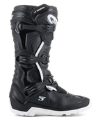 Alpinestars Tech 3 Enduro Waterproof Boots, vista de perfil, pretas e brancas, sistema de fecho de tripla fivela, painéis de proteção em TPU reforçados, sola branca rugosa, logótipos "Tech 3" e "Waterproof", calçado de motociclismo durável para todo-o-terreno e aventura