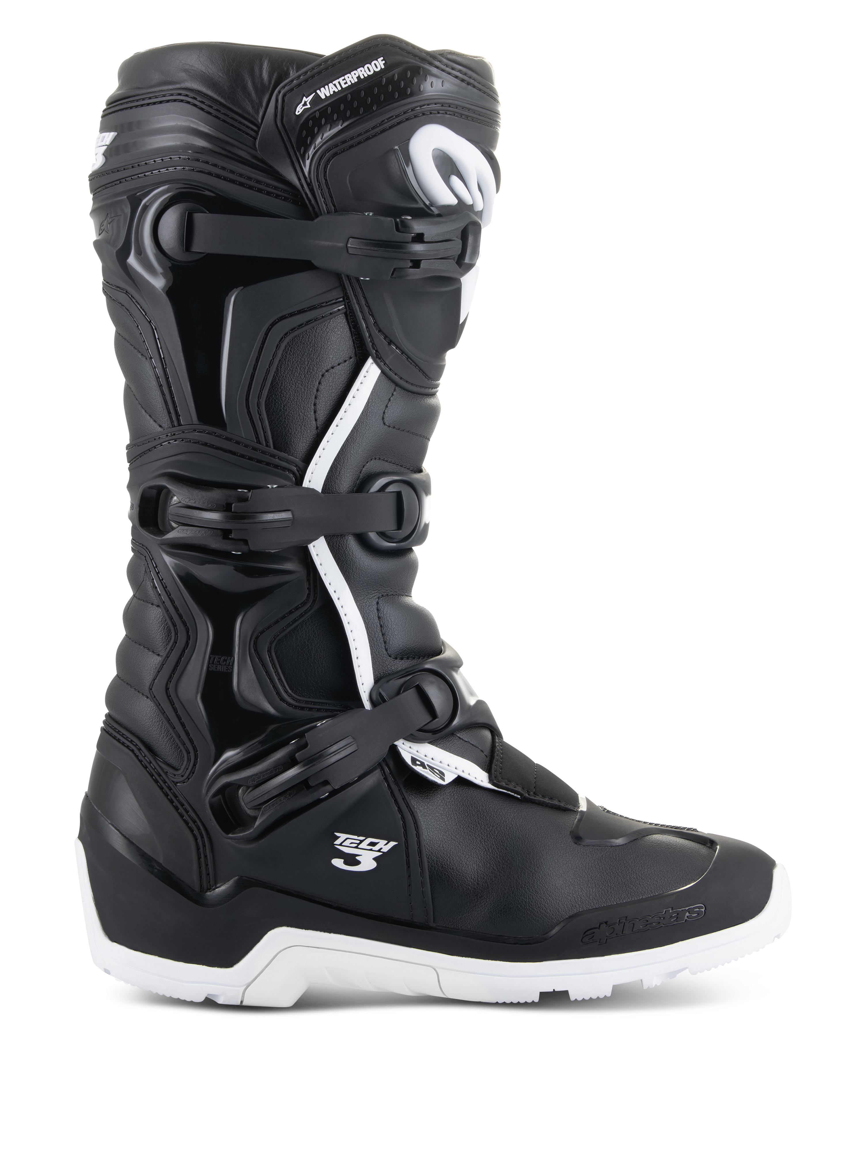 Alpinestars Tech 3 Enduro Waterproof Boots, vista de perfil, pretas e brancas, sistema de fecho de tripla fivela, painéis de proteção em TPU reforçados, sola branca rugosa, logótipos "Tech 3" e "Waterproof", calçado de motociclismo durável para todo-o-terreno e aventura