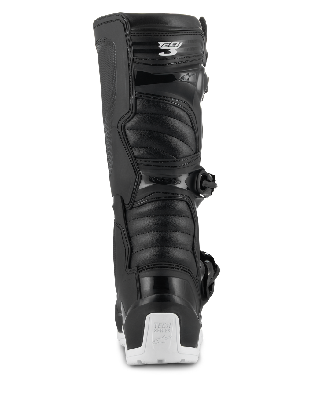 Botas Alpinestars Tech 3 Enduro Waterproof, botas de motocross e enduro, pretas e brancas, vista traseira mostrando o logótipo Tech 3 na zona da barriga da perna, painéis flexíveis em estilo acordeão e protetor de calcanhar branco com a marca Tech Series, concebidas para condução todo-o-terreno e aventura
