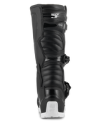 Botas Alpinestars Tech 3 Enduro Waterproof, botas de motocross e enduro, pretas e brancas, vista traseira mostrando o logótipo Tech 3 na zona da barriga da perna, painéis flexíveis em estilo acordeão e protetor de calcanhar branco com a marca Tech Series, concebidas para condução todo-o-terreno e aventura