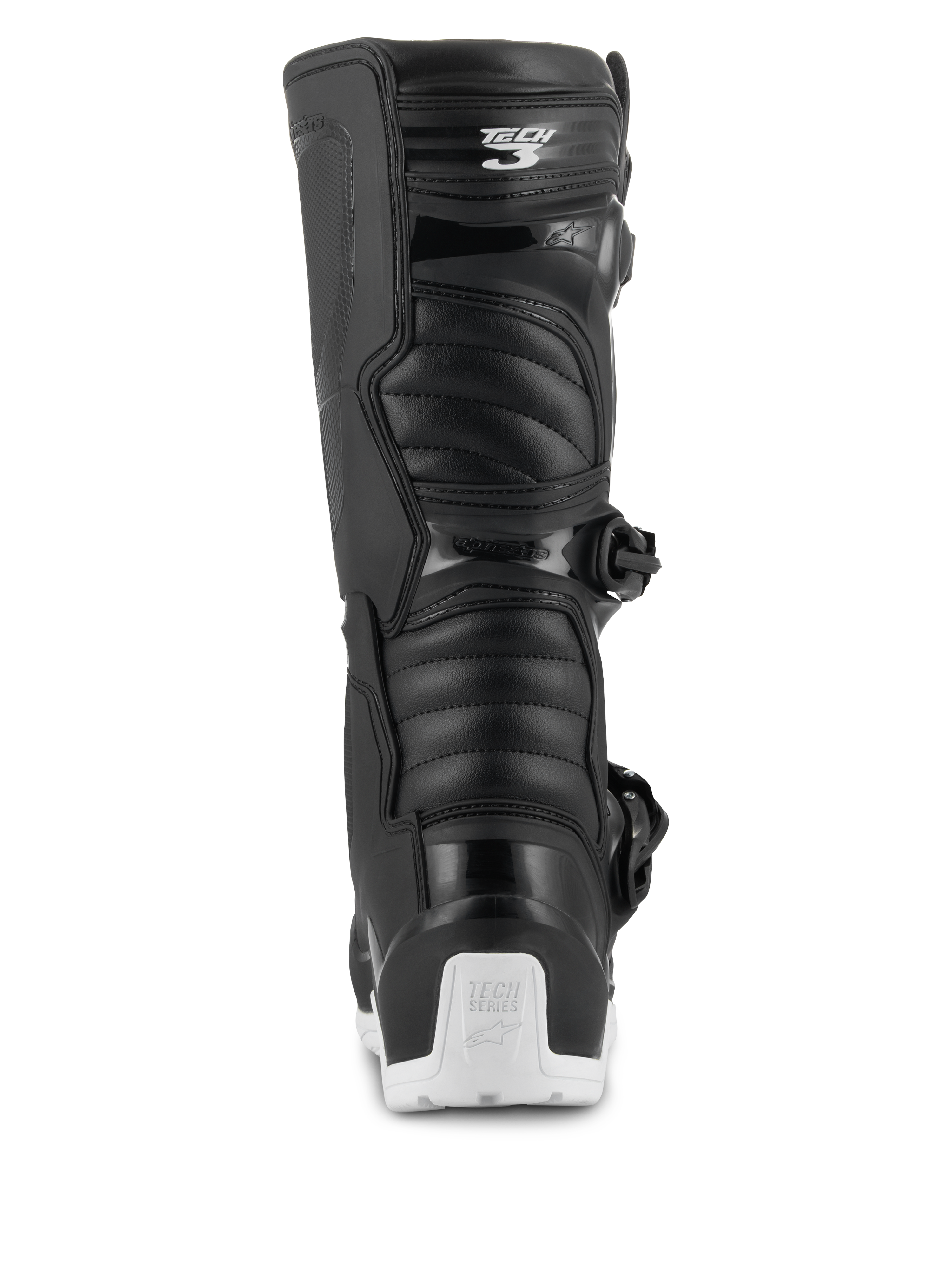 Botas Alpinestars Tech 3 Enduro Waterproof, botas de motocross e enduro, pretas e brancas, vista traseira mostrando o logótipo Tech 3 na zona da barriga da perna, painéis flexíveis em estilo acordeão e protetor de calcanhar branco com a marca Tech Series, concebidas para condução todo-o-terreno e aventura