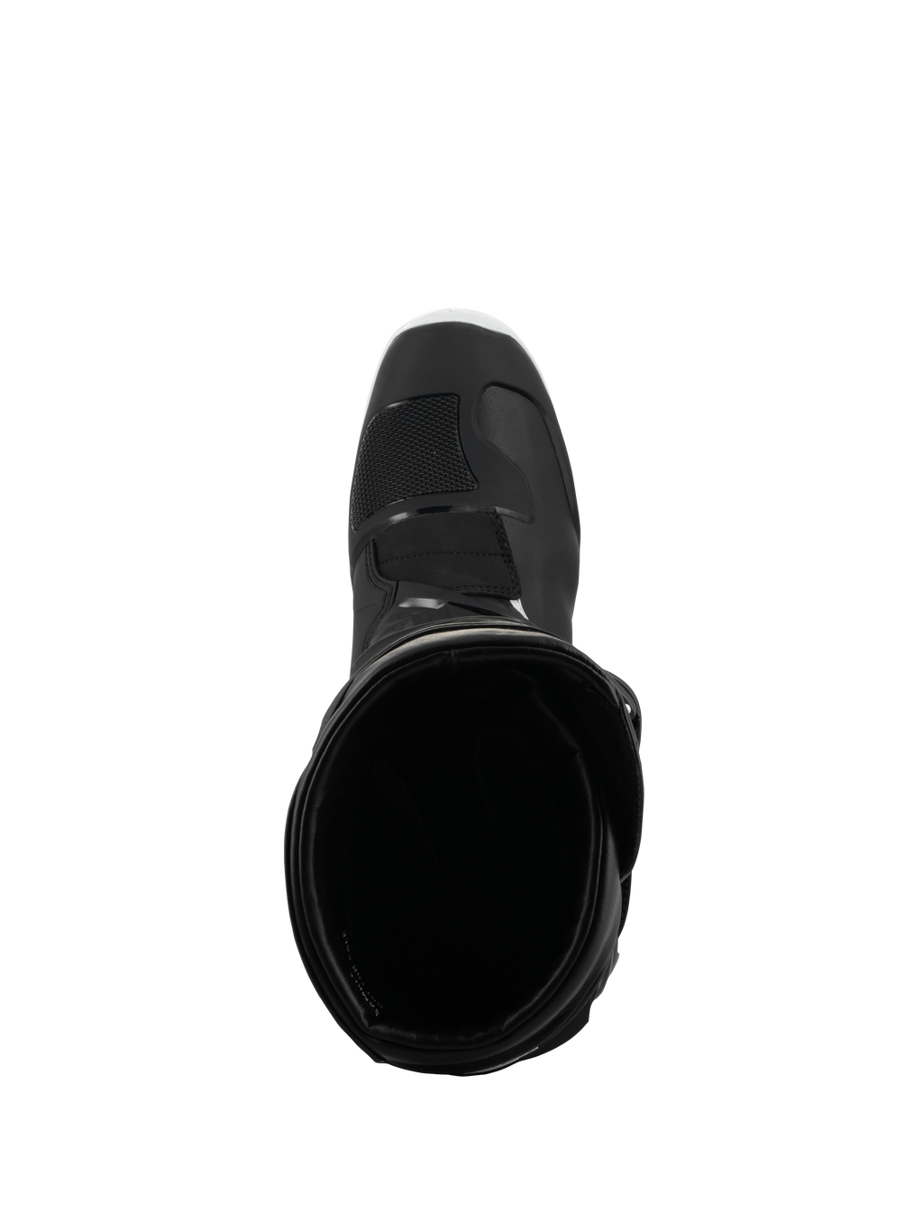 Botas Alpinestars Tech 3 Enduro Waterproof, pretas e brancas, vista superior da abertura da bota, mostrando o forro interior e a biqueira reforçada, concebidas para condução de todo-o-terreno e aventura