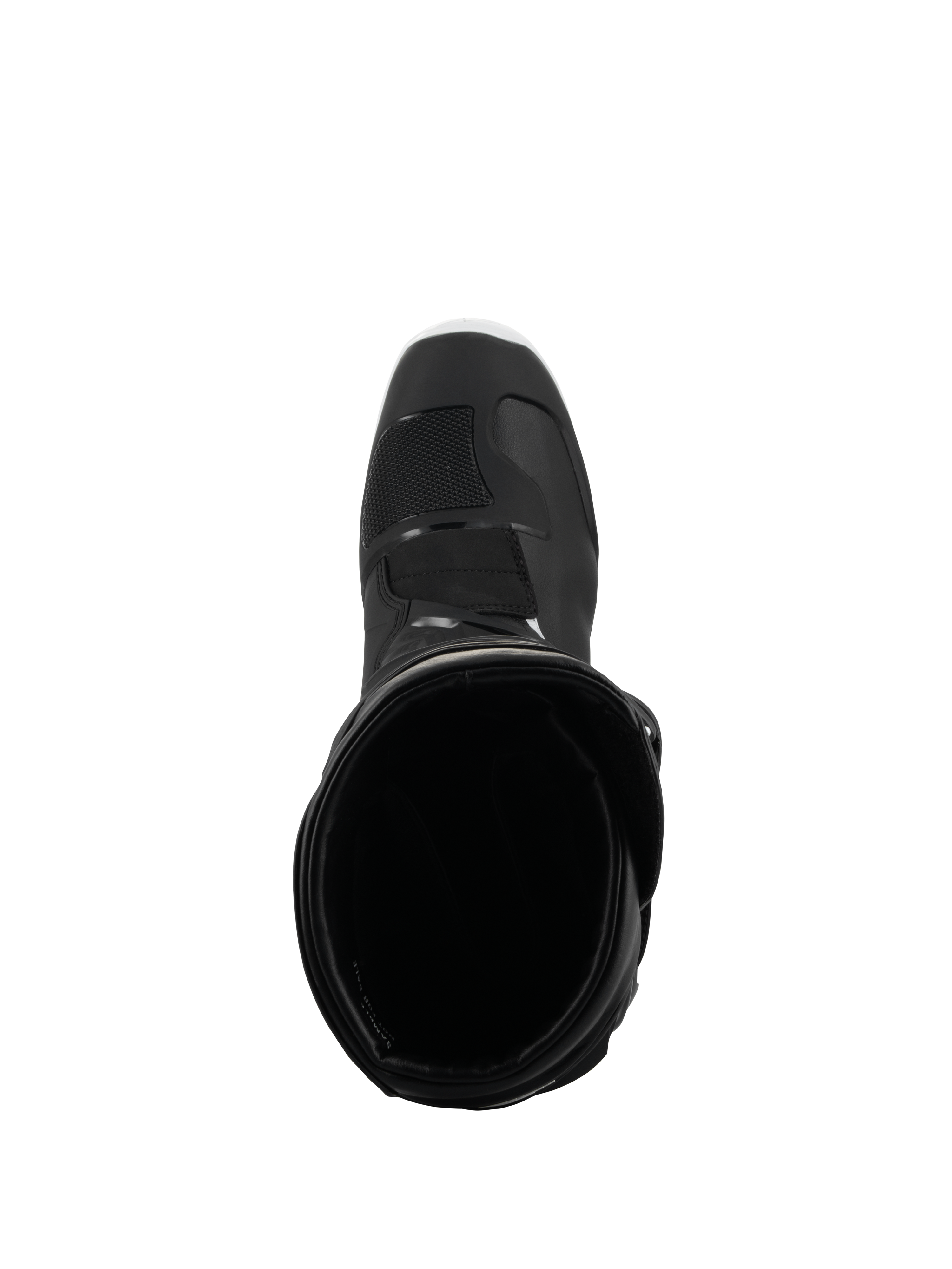 Botas Alpinestars Tech 3 Enduro Waterproof, pretas e brancas, vista superior da abertura da bota, mostrando o forro interior e a biqueira reforçada, concebidas para condução de todo-o-terreno e aventura