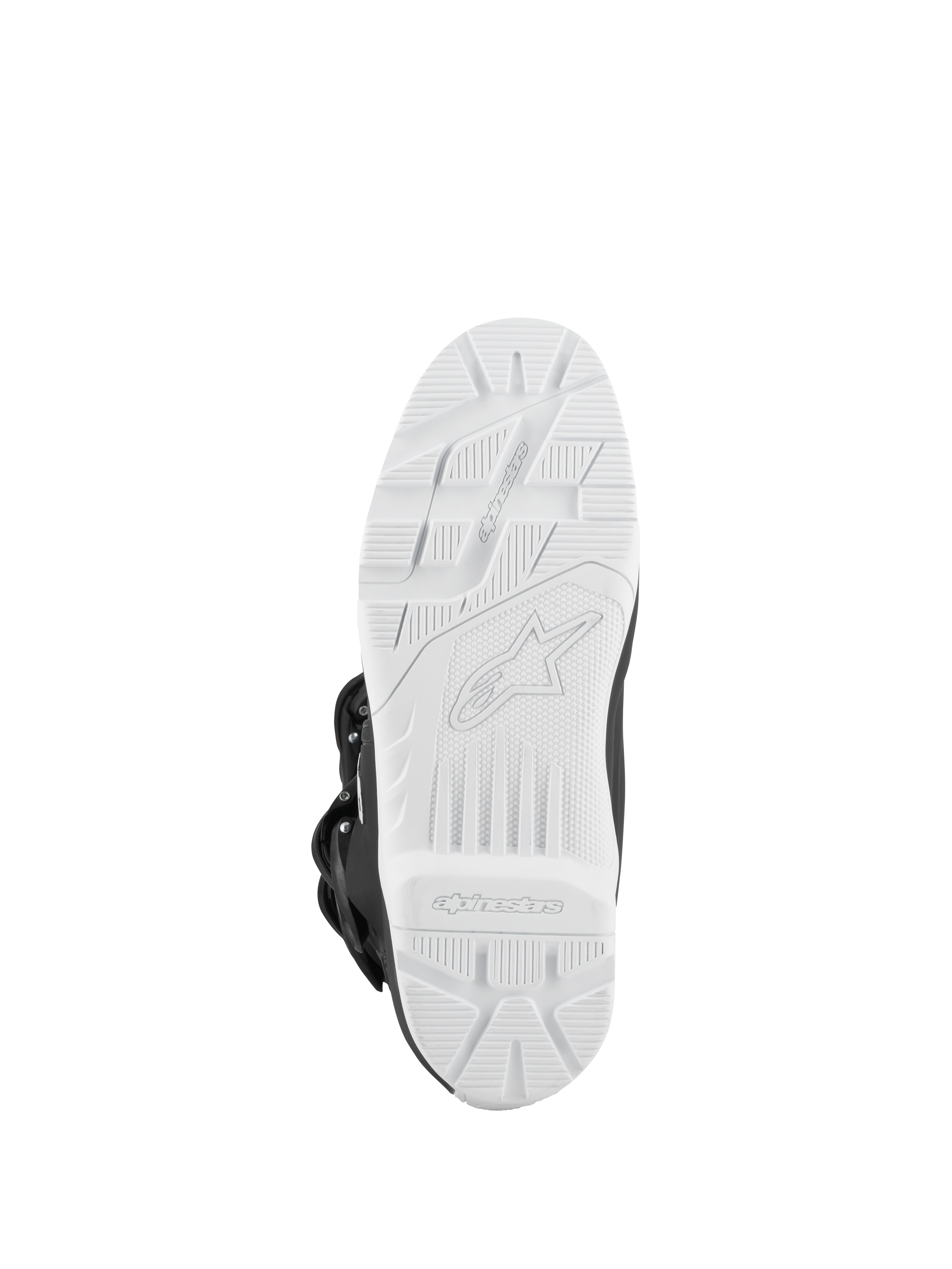 Botas Alpinestars Tech 3 Enduro Waterproof, pretas e brancas, vista inferior da sola branca de alta aderência com relevo, padrão de tração para todo-o-terreno com logótipo em relevo, sola exterior durável concebida para performance em motocross e enduro.