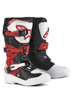 Alpinestars Youth Tech 3S Boots, Motocross Boots, White Black and Bright Red, three-buckle closure system, TPU shin plate with Alpinestars logo, durable microfiber upper and reinforced foot shell for off-road performance