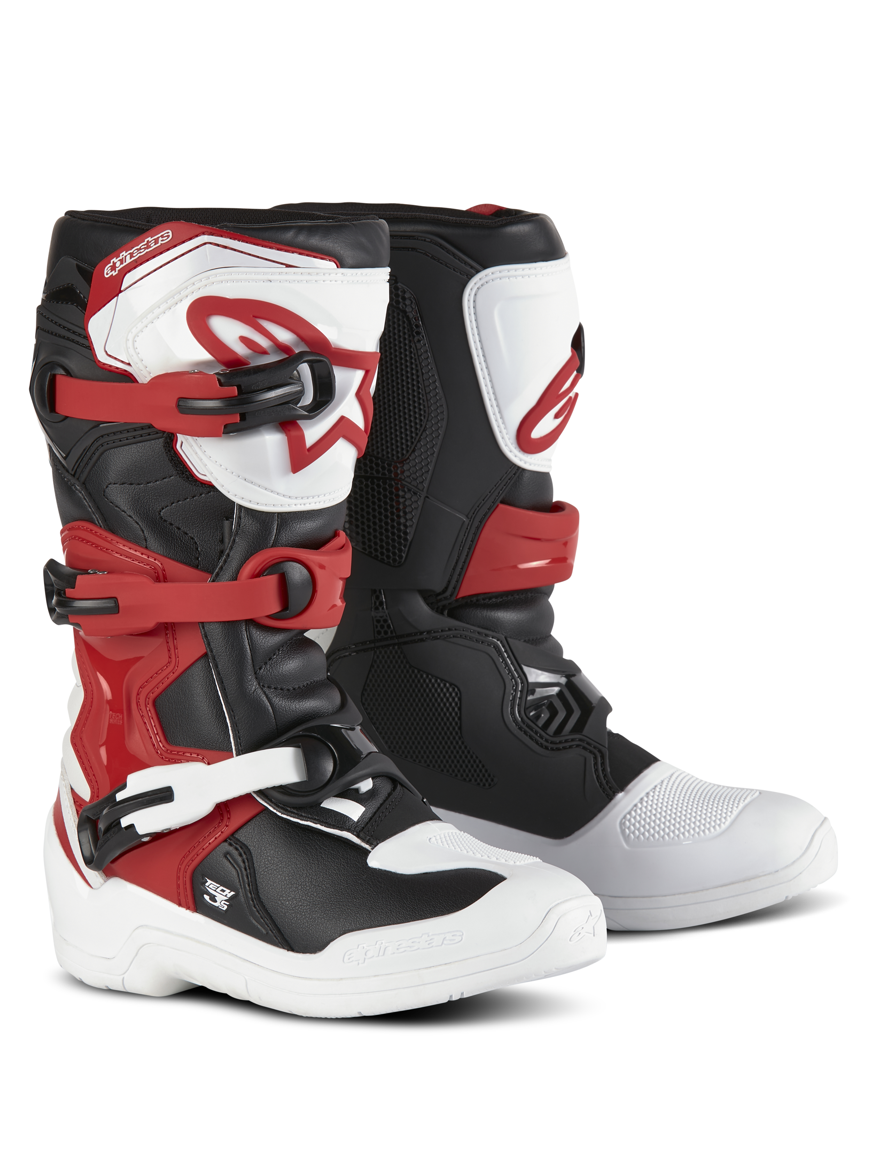 Alpinestars Youth Tech 3S Boots, Motocross Boots, White Black and Bright Red, three-buckle closure system, TPU shin plate with Alpinestars logo, durable microfiber upper and reinforced foot shell for off-road performance