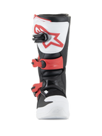 Alpinestars Youth Tech 3S Boots, Motocross Boots, White Black and Bright Red, front view showing TPU shin plate with red logo, adjustable red buckles, and durable microfiber construction for junior riders