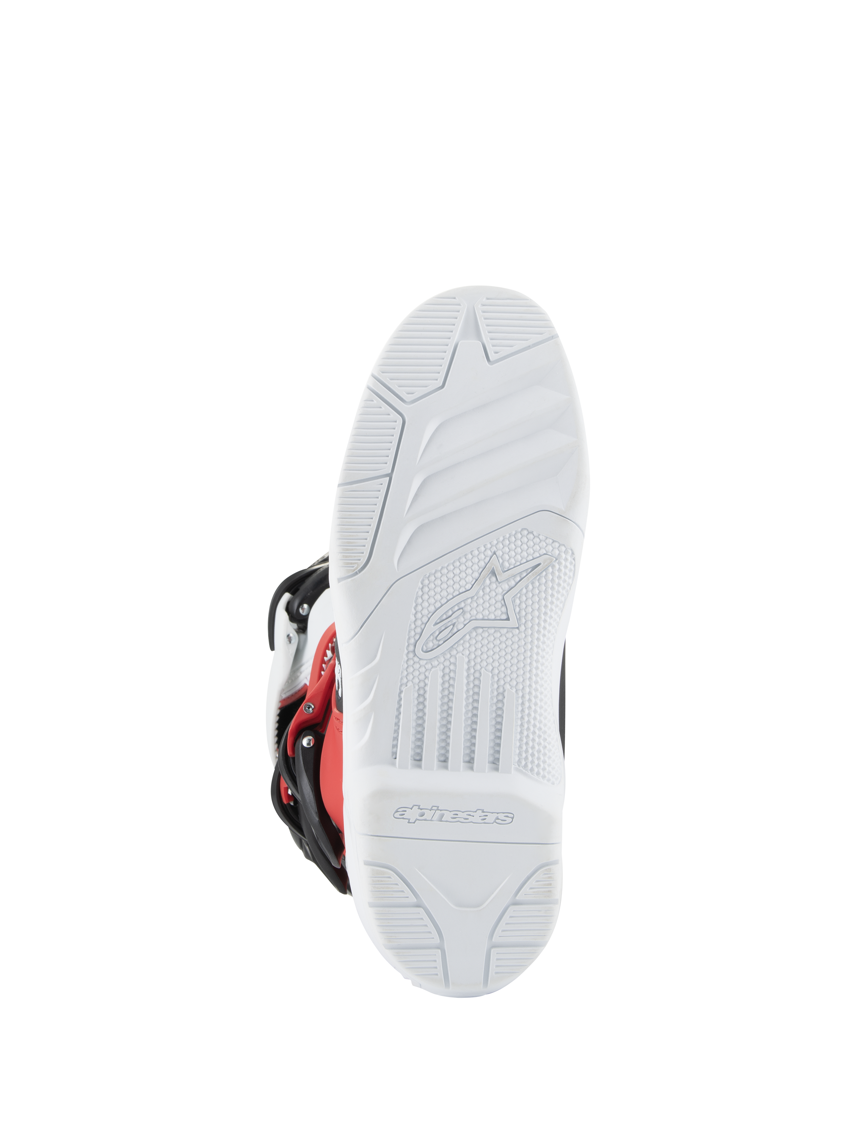 Alpinestars Youth Tech 3S Boots, Motocross Boots, White Black and Bright Red, sole view showing white textured tread with molded Alpinestars logo and branding, durable sole for off-road performance