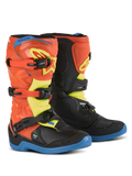 Botas Alpinestars Youth Tech 3S, botas de motocross para crianças, em laranja fluo, azul enamel e amarelo fluo, solas azuis, sistema de fecho com três fivelas, placas protetoras de canela em TPU, equipamento de condução todo-o-terreno
