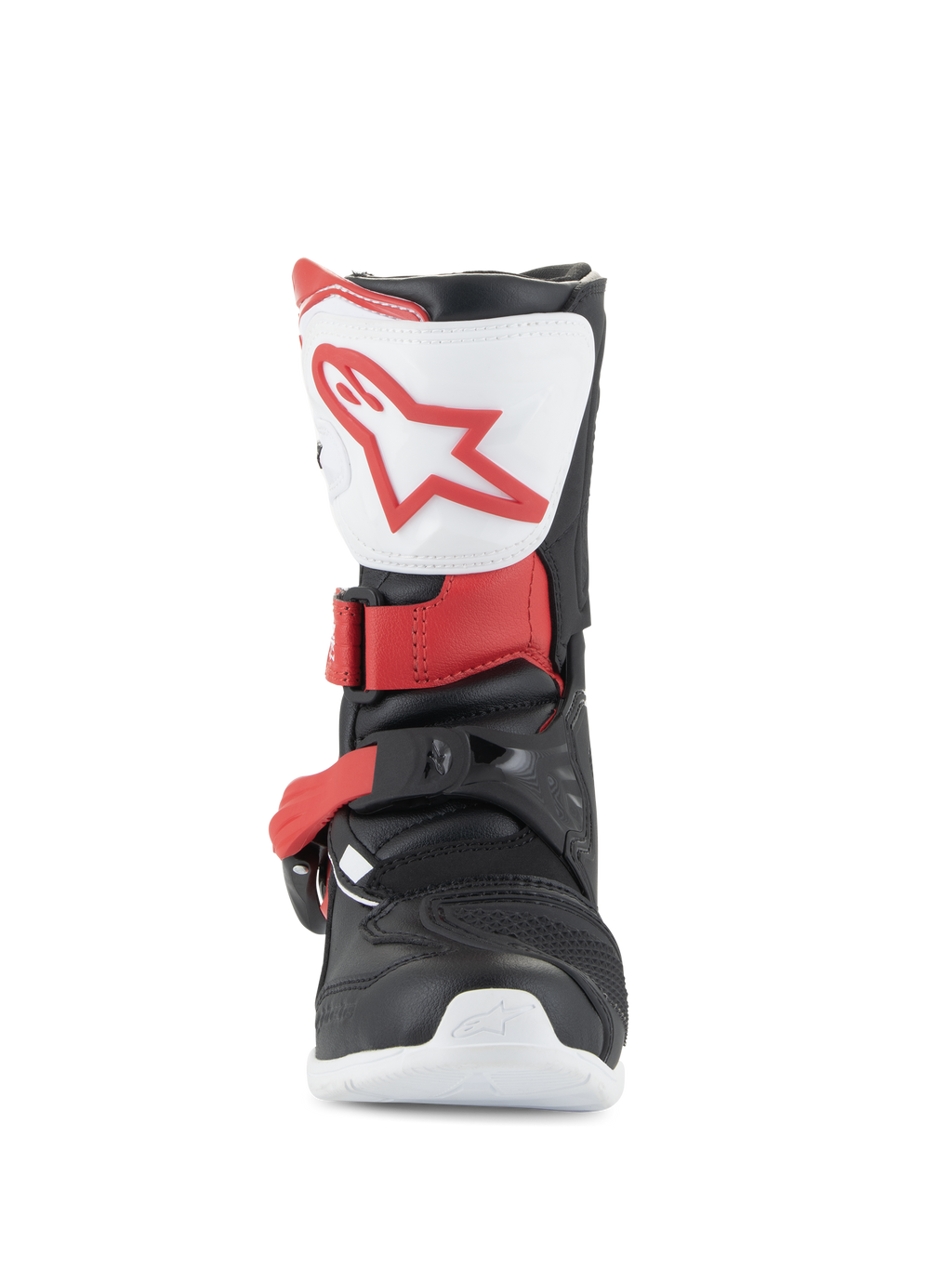 Botas Alpinestars Kids Tech 3S, botas de motocross, brancas, pretas e vermelho vivo, vista frontal mostrando placa de canela branca com logótipo vermelho, estrutura preta com correias de fivela vermelhas, calçado de proteção todo-o-terreno para jovens pilotos