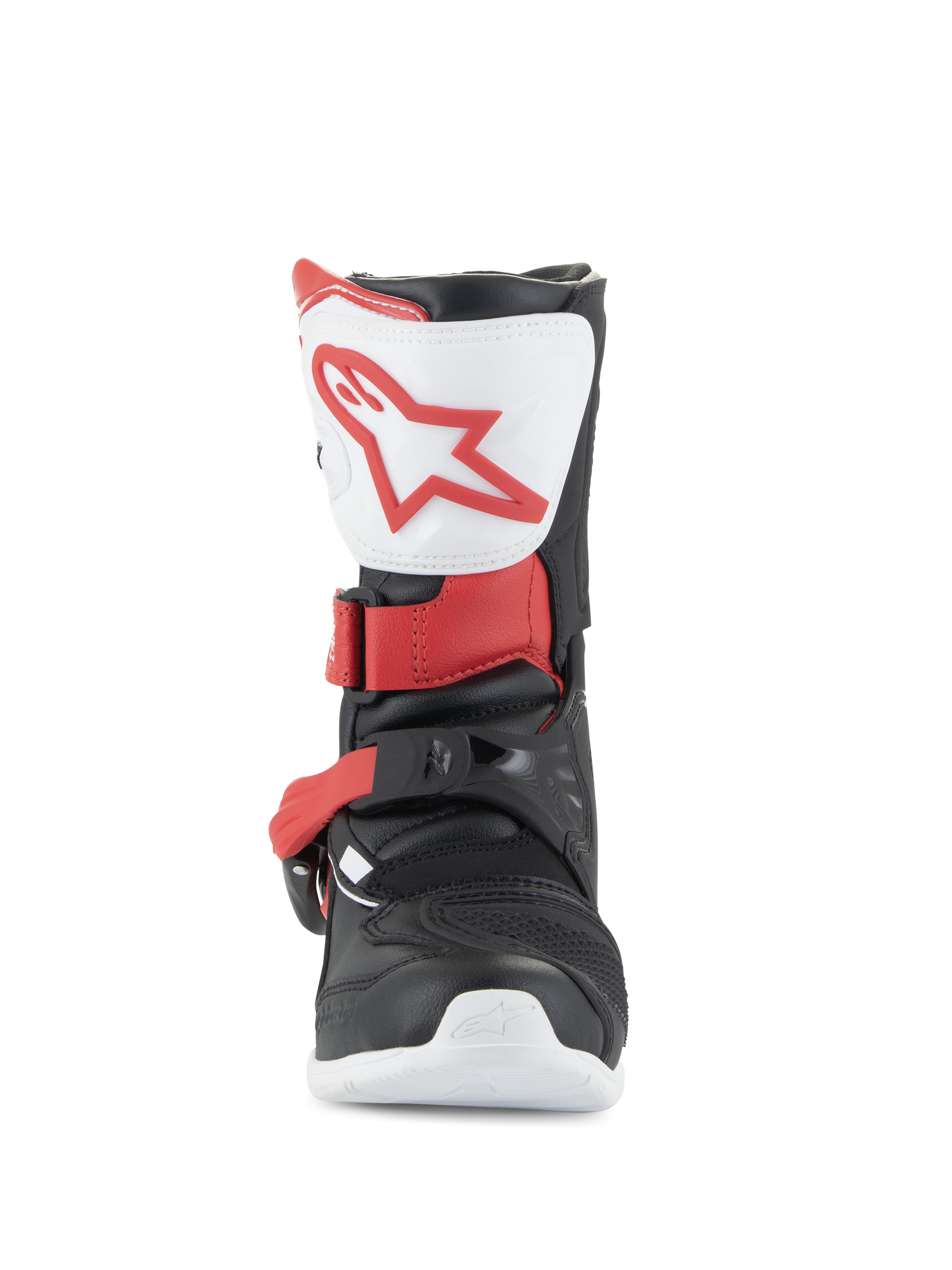 Botas Alpinestars Kids Tech 3S, botas de motocross, brancas, pretas e vermelho vivo, vista frontal mostrando placa de canela branca com logótipo vermelho, estrutura preta com correias de fivela vermelhas, calçado de proteção todo-o-terreno para jovens pilotos