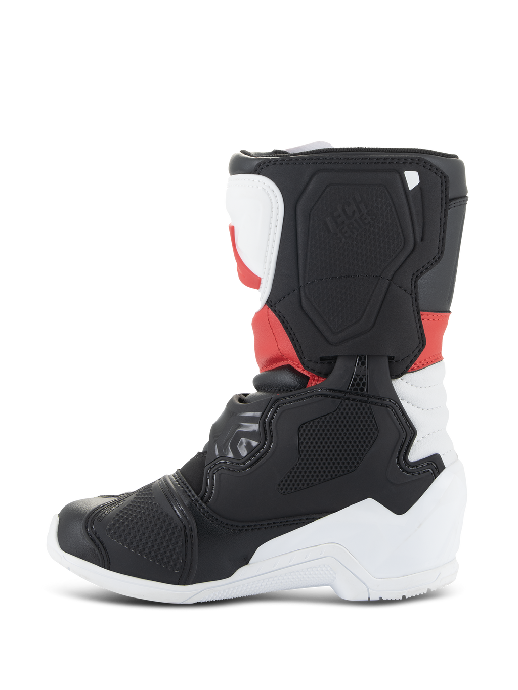 Botas Alpinestars Kids Tech 3S, botas de motocross, branco, preto e vermelho vivo, vista de perfil lateral com painéis de proteção em TPU, biqueira e calcanhar reforçados e design de lâmina lateral texturizada para corridas de todo-o-terreno.