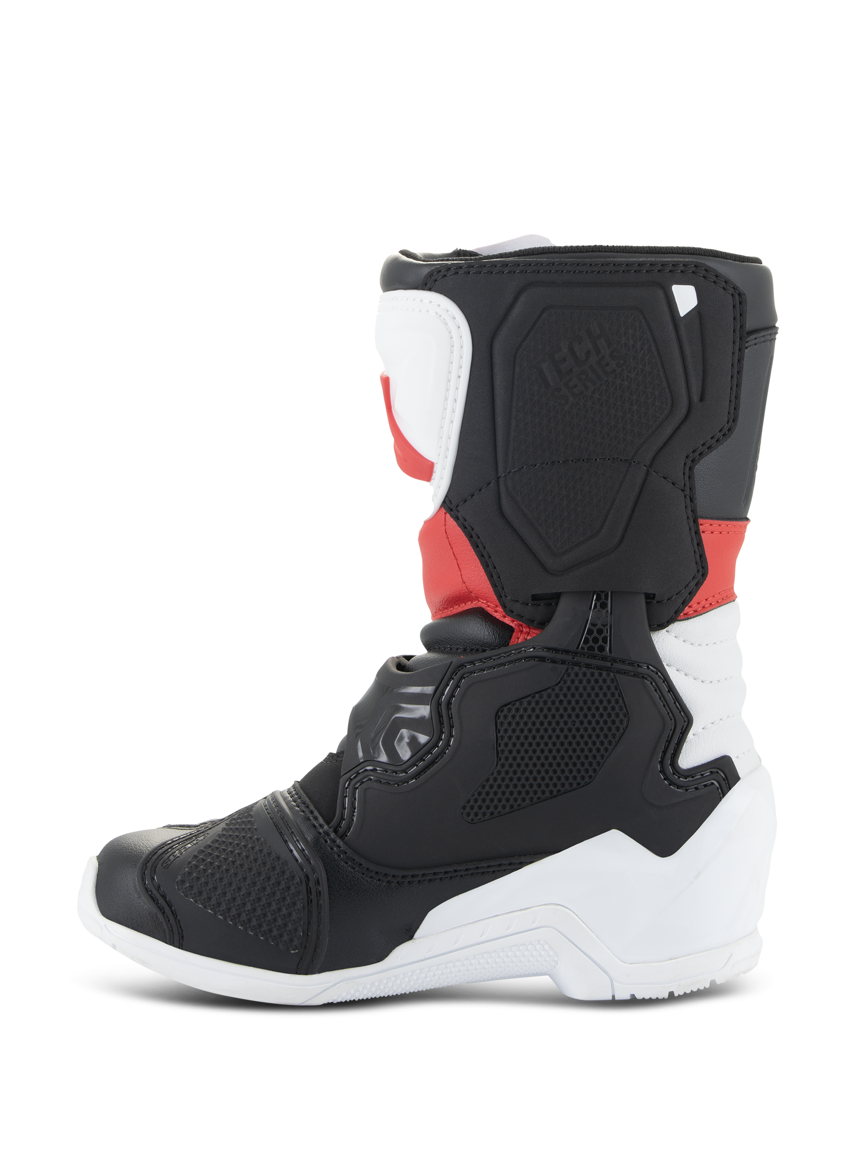 Botas Alpinestars Kids Tech 3S, botas de motocross, branco, preto e vermelho vivo, vista de perfil lateral com painéis de proteção em TPU, biqueira e calcanhar reforçados e design de lâmina lateral texturizada para corridas de todo-o-terreno.