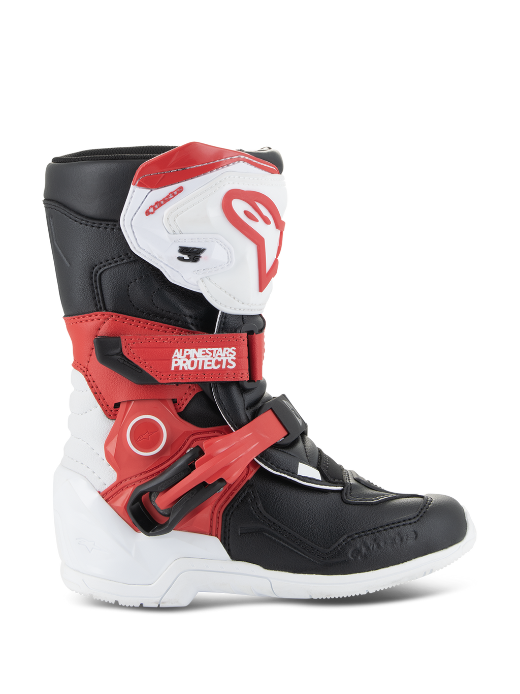 Alpinestars Kids Tech 3S Boots, botas de motocross para crianças, brancas, pretas e vermelho brilhante, com um design de proteção de cano alto, correias vermelhas ajustáveis, placa de canela branca com logótipo vermelho e sola exterior branca durável.