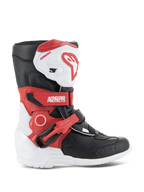 Alpinestars Kids Tech 3S Boots, botas de motocross para crianças, brancas, pretas e vermelho brilhante, com um design de proteção de cano alto, correias vermelhas ajustáveis, placa de canela branca com logótipo vermelho e sola exterior branca durável.