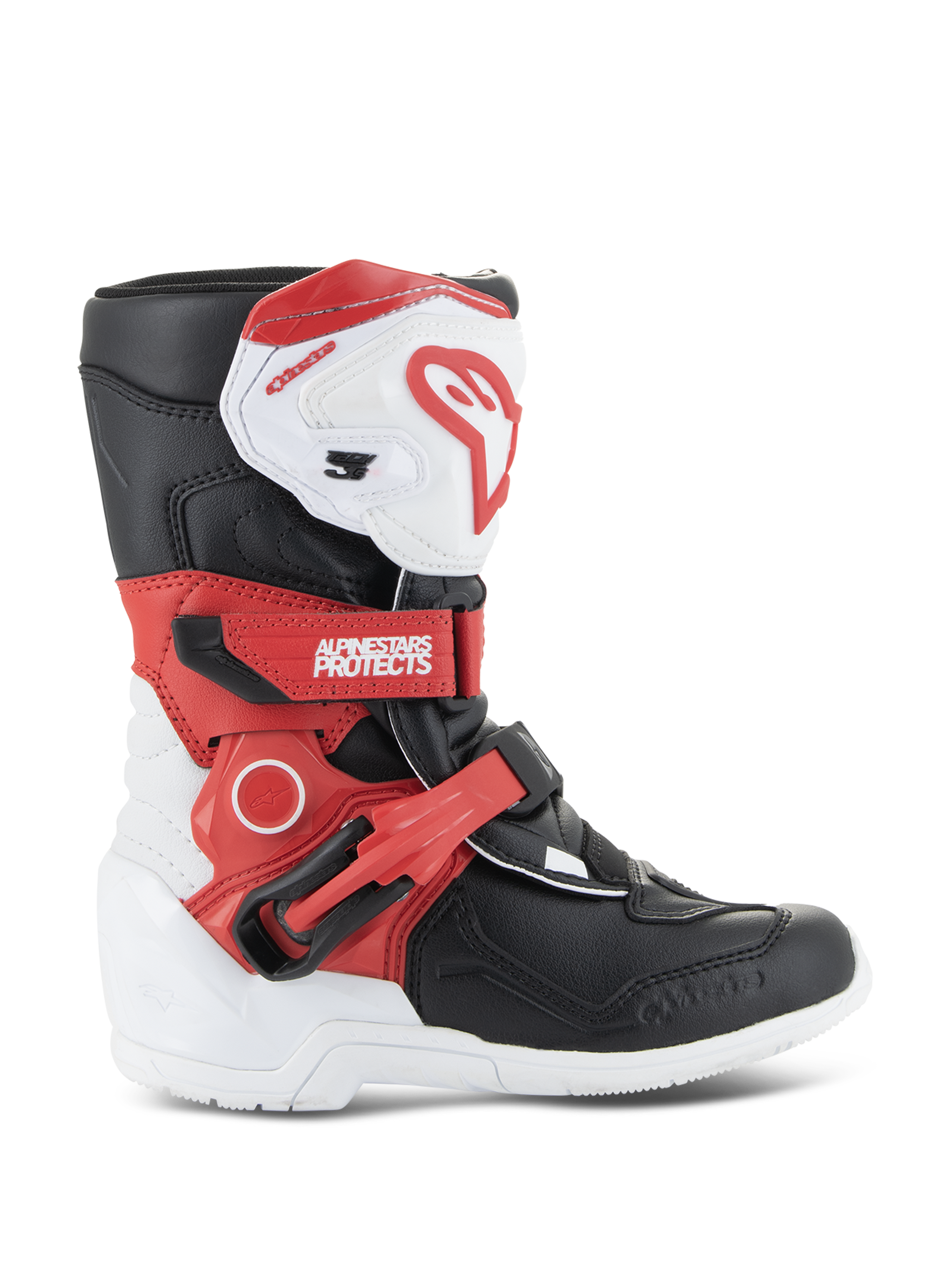 Alpinestars Kids Tech 3S Boots, botas de motocross para crianças, brancas, pretas e vermelho brilhante, com um design de proteção de cano alto, correias vermelhas ajustáveis, placa de canela branca com logótipo vermelho e sola exterior branca durável.