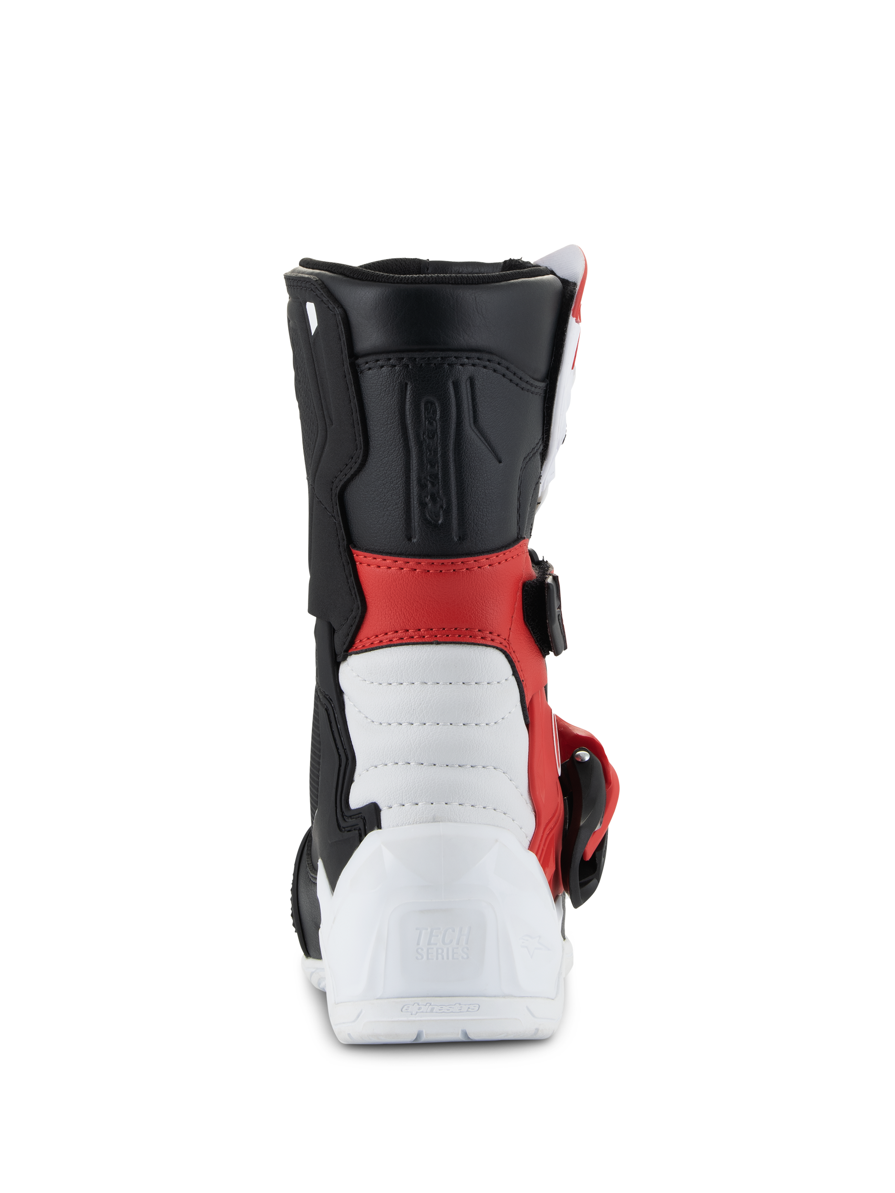 Botas Alpinestars Kids Tech 3S, botas de motocross, branco, preto e vermelho brilhante, vista traseira com calcanhar reforçado branco e logótipo Tech Series em relevo, secção média vermelha, cano superior preto e detalhe de fivela lateral, calçado de proteção para todo-o-terreno