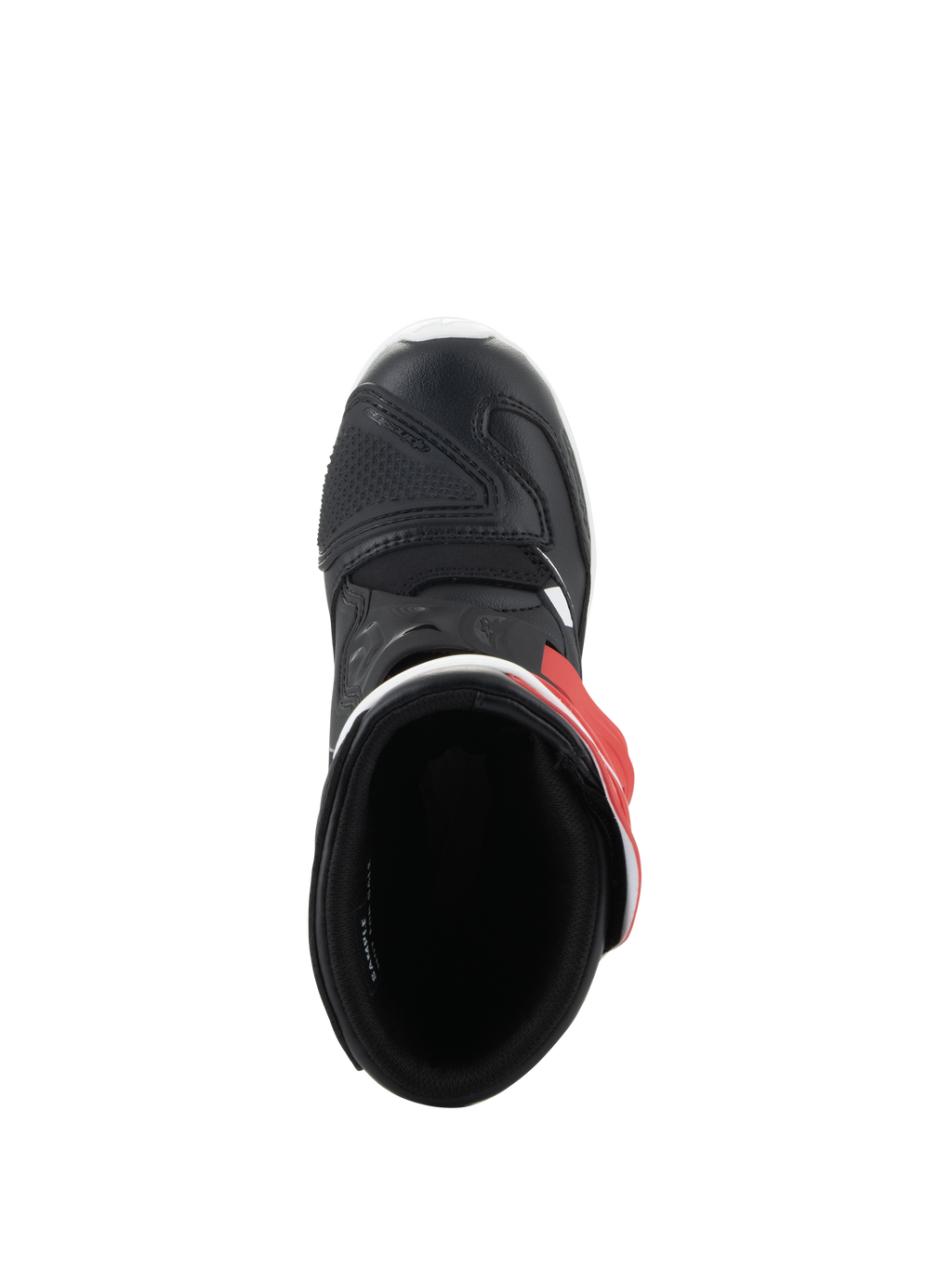 Botas Alpinestars Kids Tech 3S, botas de motocross, branco, preto e vermelho brilhante, vista superior mostrando o interior e a biqueira de microfibra preta, calçado de proteção para jovens pilotos de todo-o-terreno
