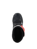 Botas Alpinestars Kids Tech 3S, botas de motocross, branco, preto e vermelho brilhante, vista superior mostrando o interior e a biqueira de microfibra preta, calçado de proteção para jovens pilotos de todo-o-terreno