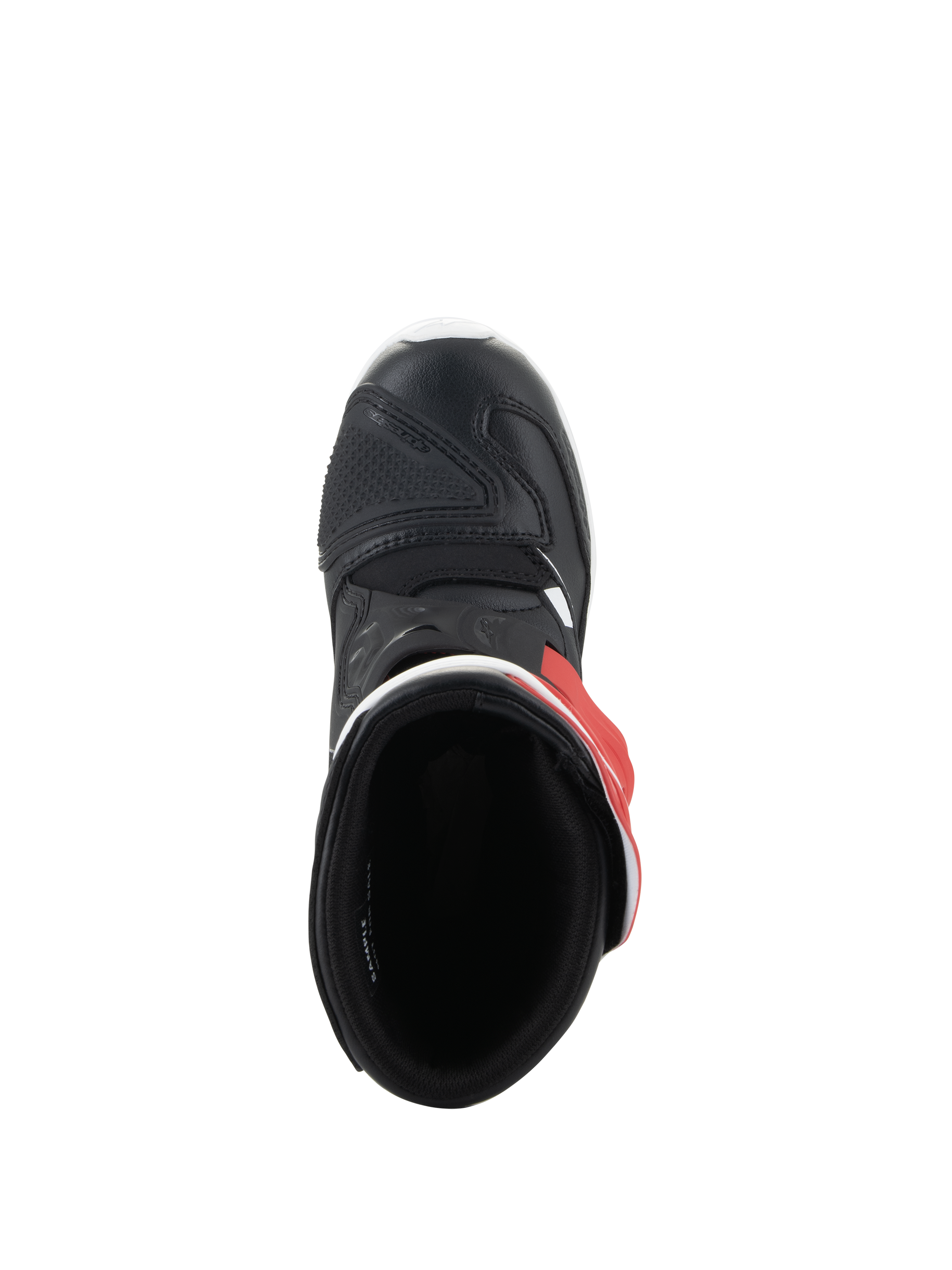 Botas Alpinestars Kids Tech 3S, botas de motocross, branco, preto e vermelho brilhante, vista superior mostrando o interior e a biqueira de microfibra preta, calçado de proteção para jovens pilotos de todo-o-terreno